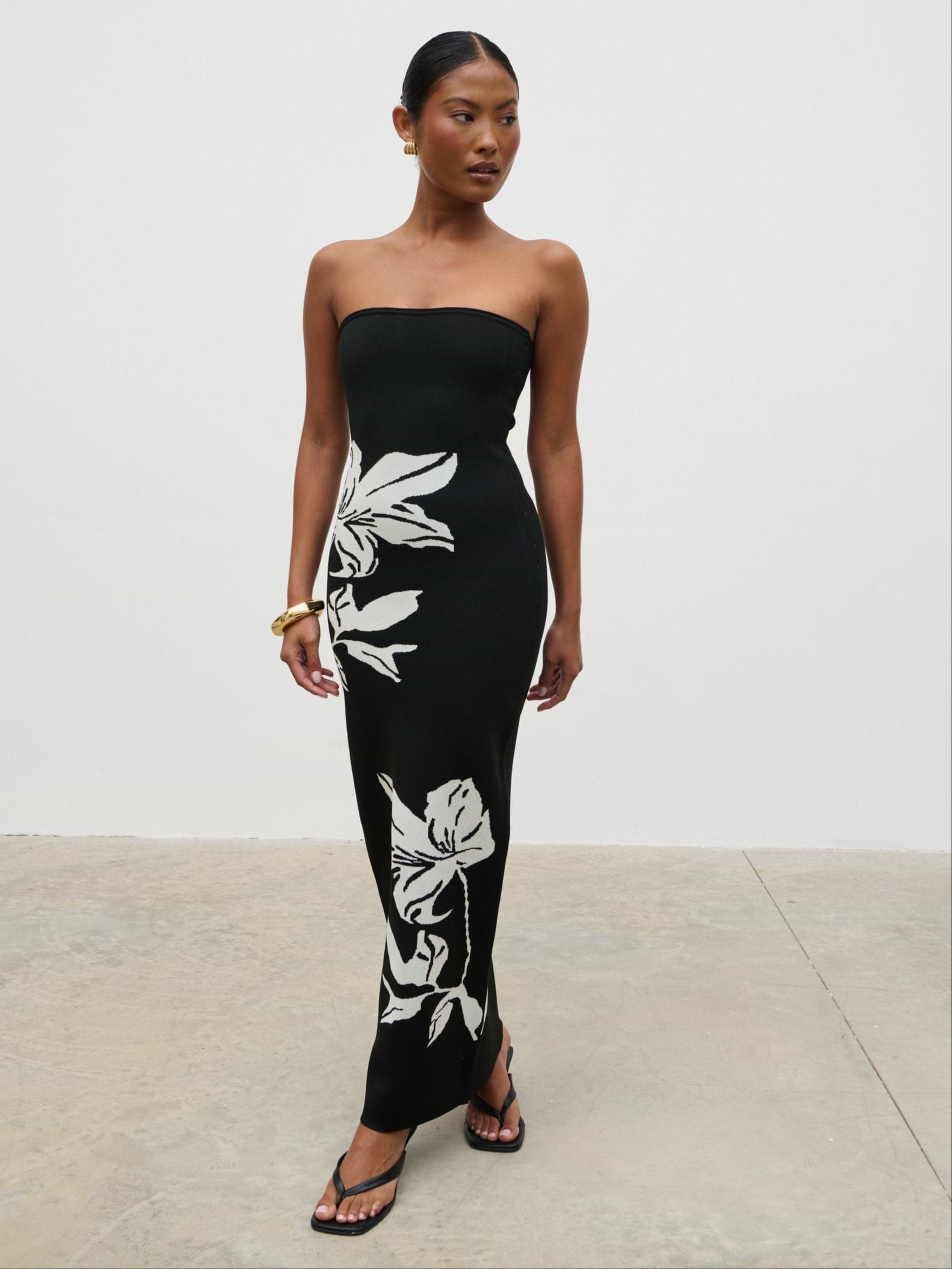 Milena Floral Bandeau Knit Midaxi Dress - Black and Cream