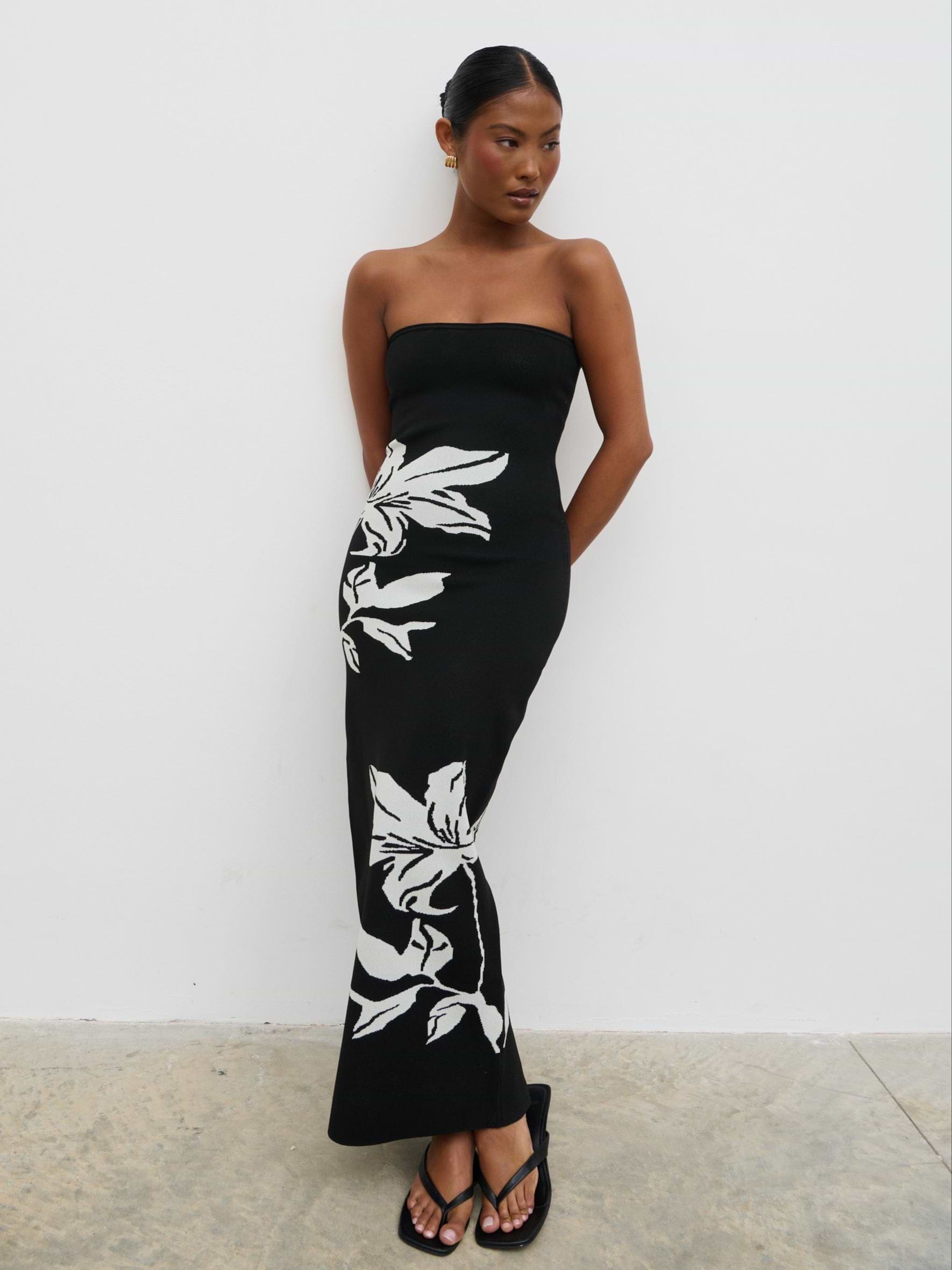 Milena Floral Bandeau Knit Midaxi Dress - Black and Cream