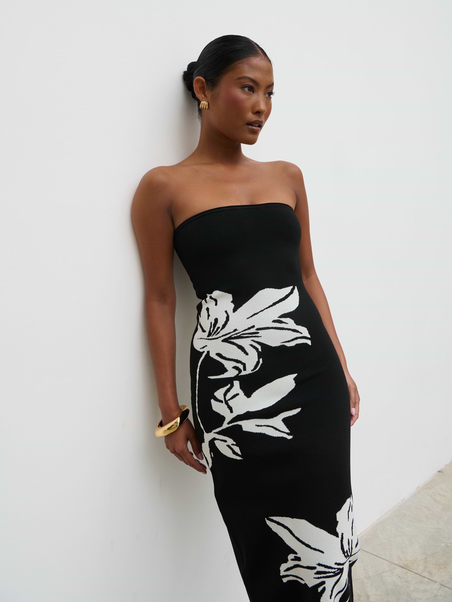 Milena Floral Bandeau Knit Midaxi Dress - Black and Cream