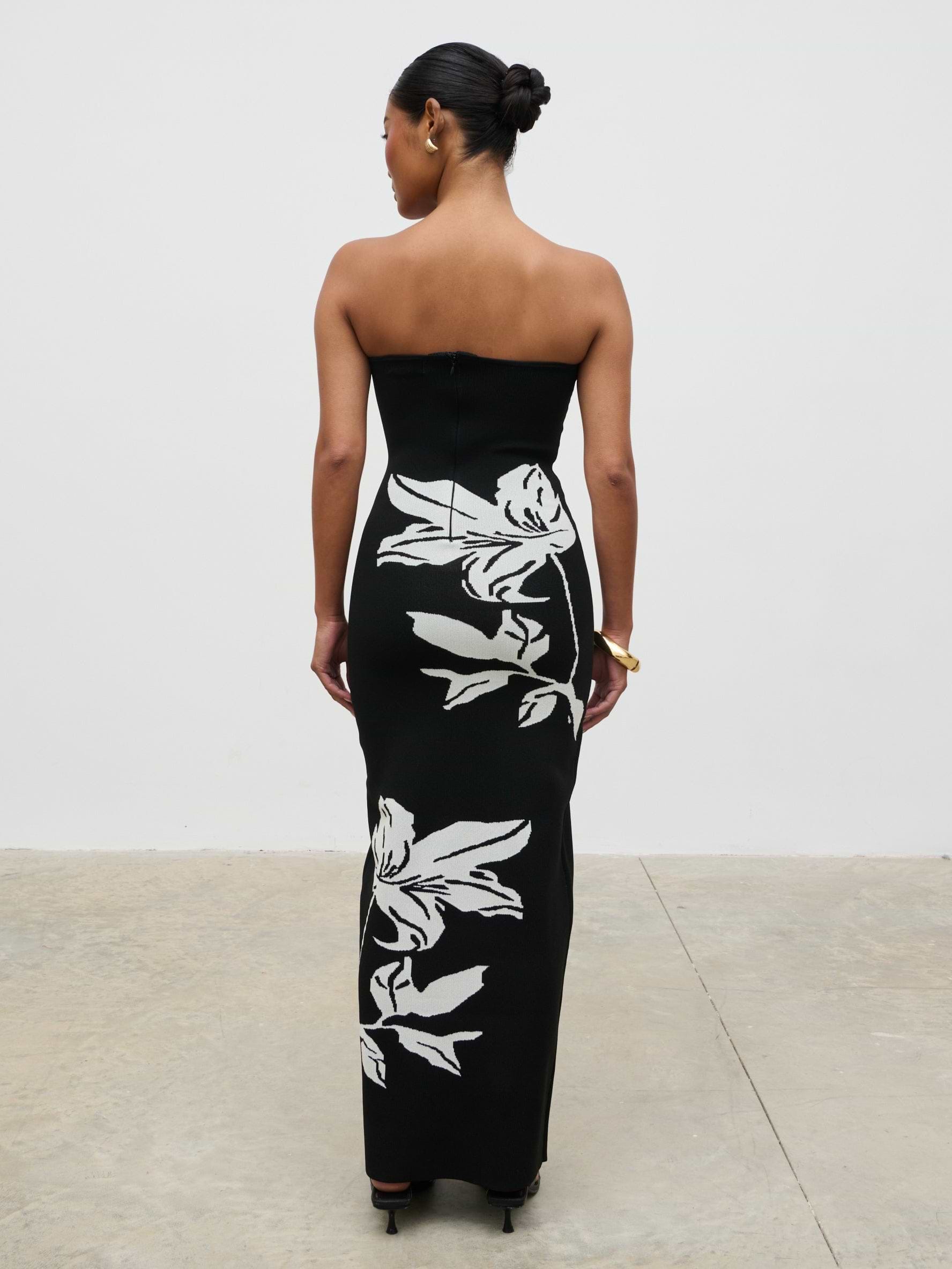 Milena Floral Bandeau Knit Midaxi Dress - Black and Cream