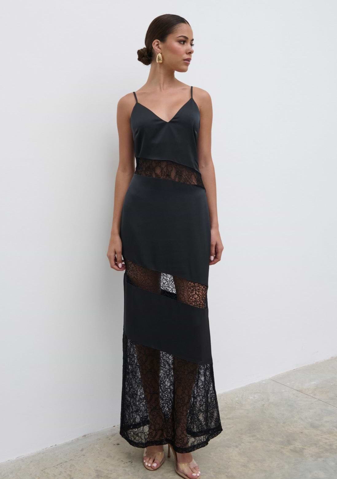 Monique Lace Inserted Slip Dress - Black