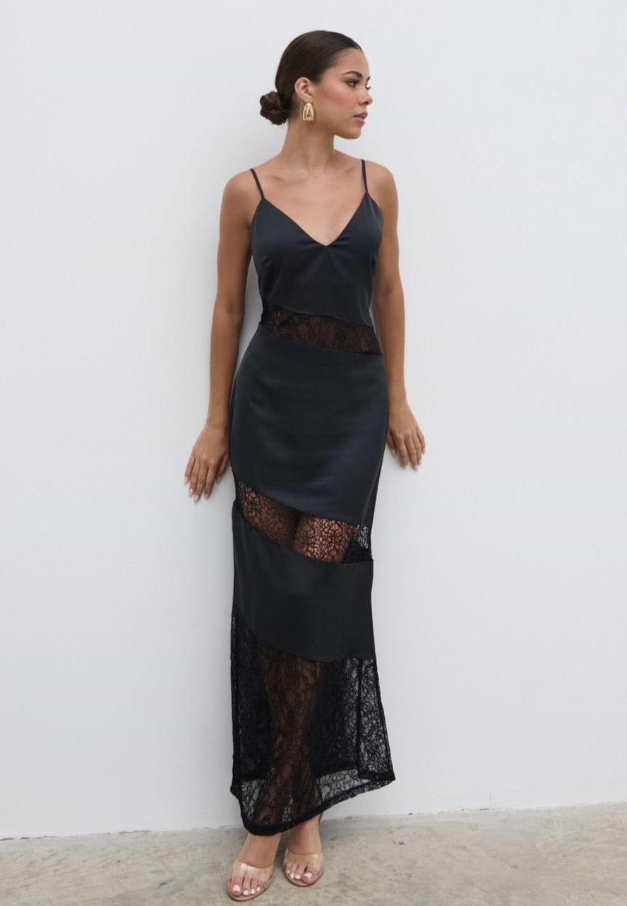 Monique Lace Inserted Slip Dress - Black