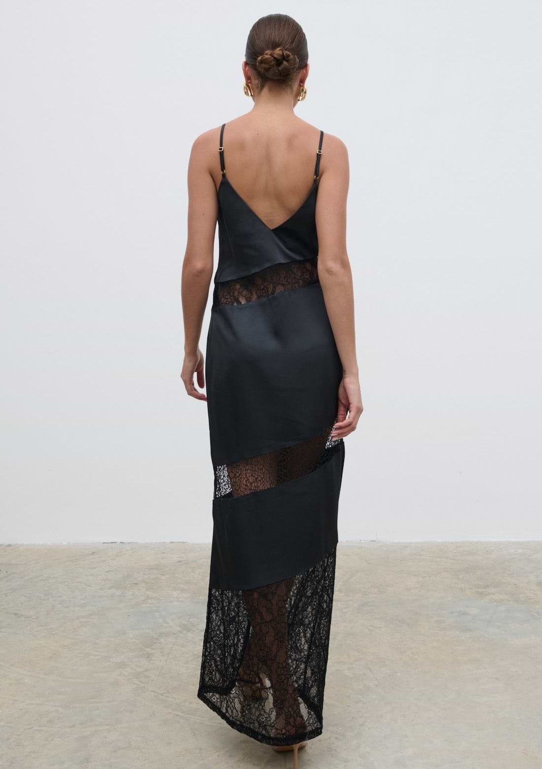 Monique Lace Inserted Slip Dress - Black