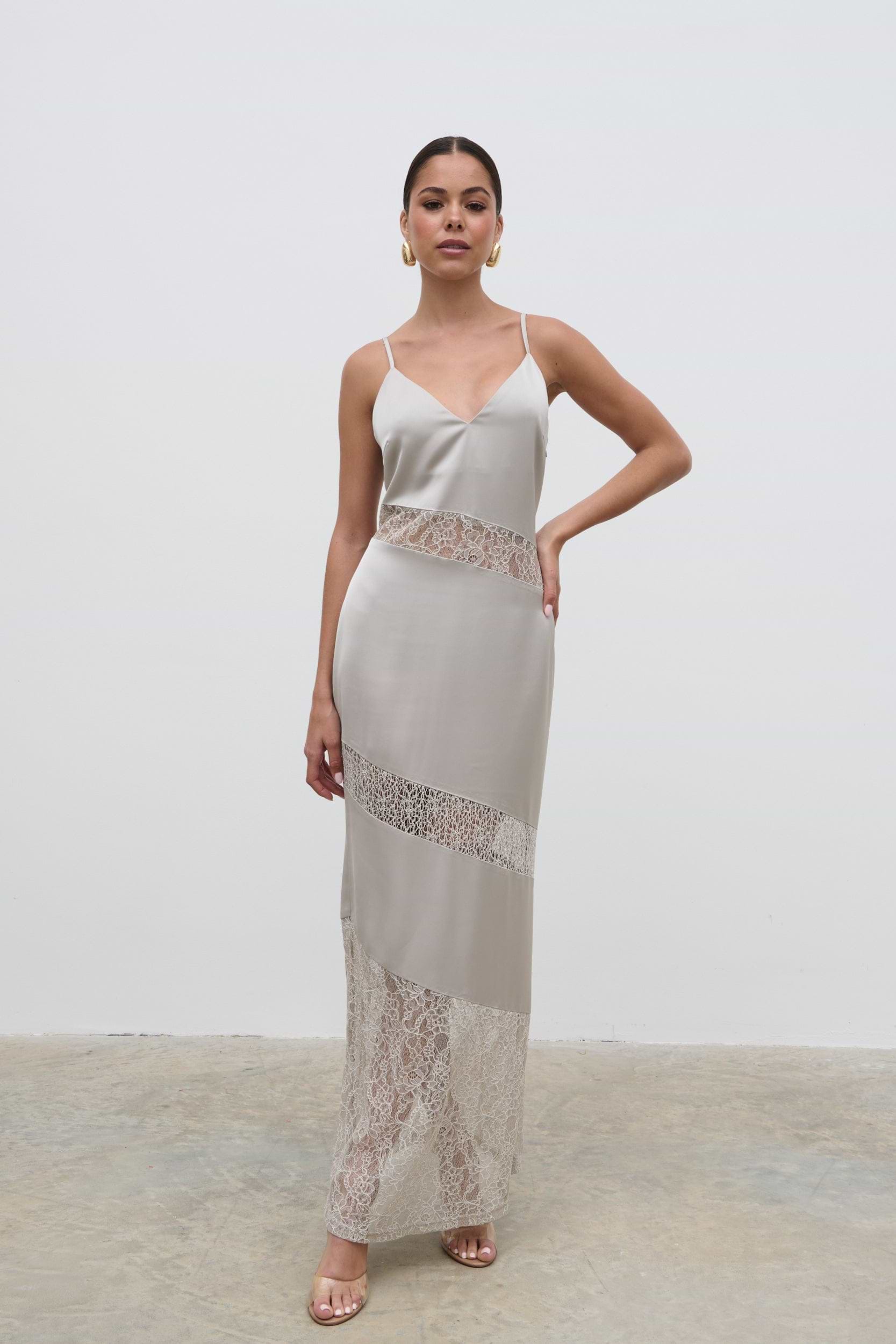 Monique Lace Inserted Slip Dress - Stone