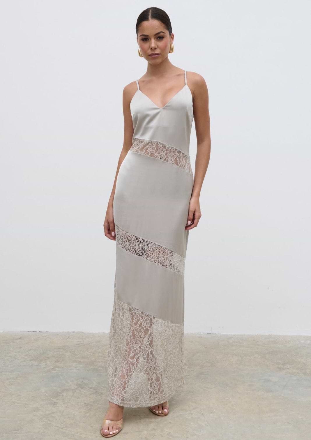 Monique Lace Inserted Slip Dress - Stone