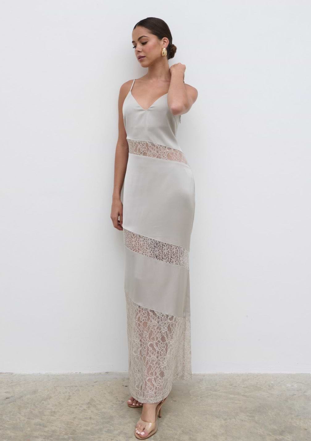 Monique Lace Inserted Slip Dress - Stone
