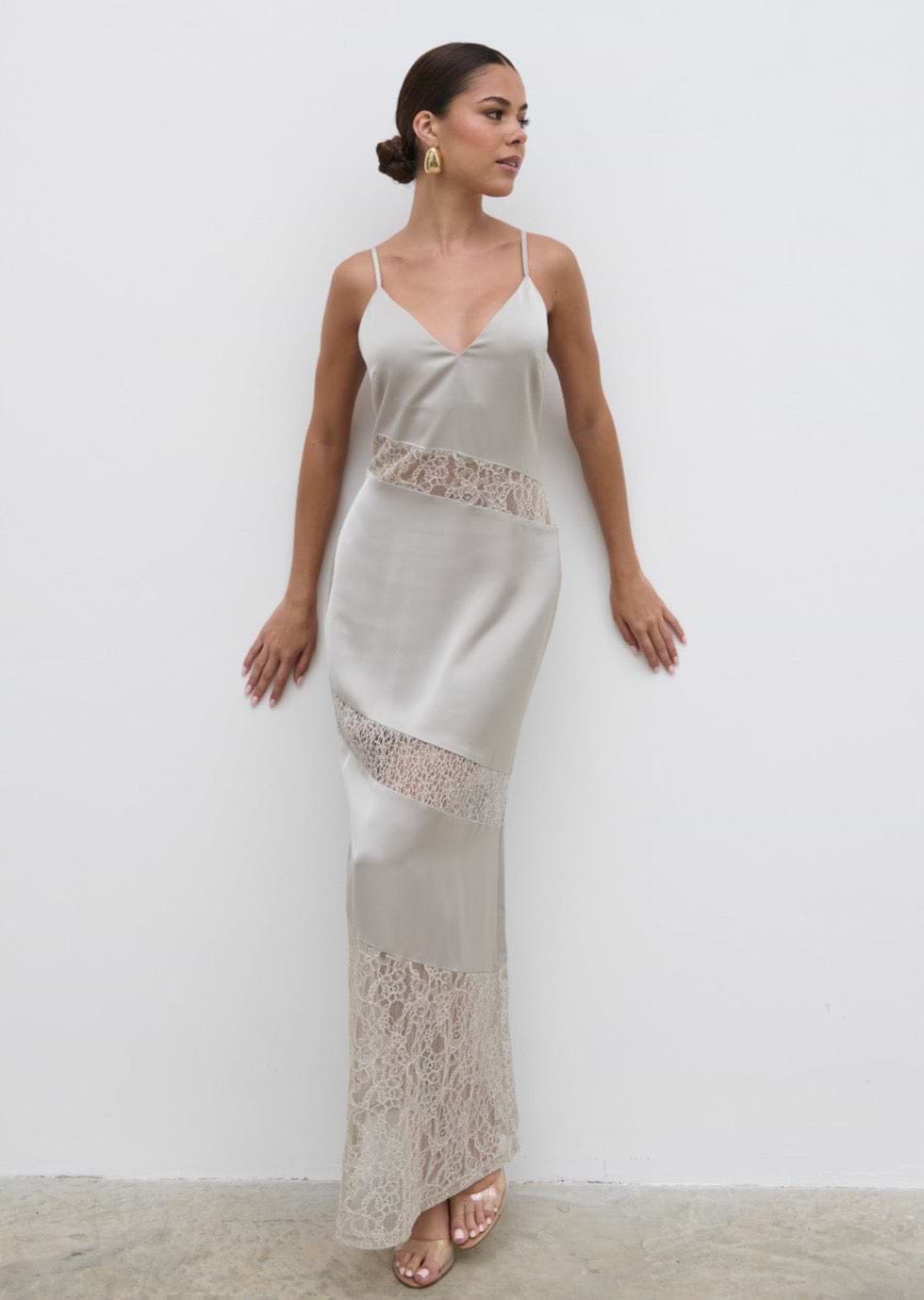 Monique Lace Inserted Slip Dress - Stone