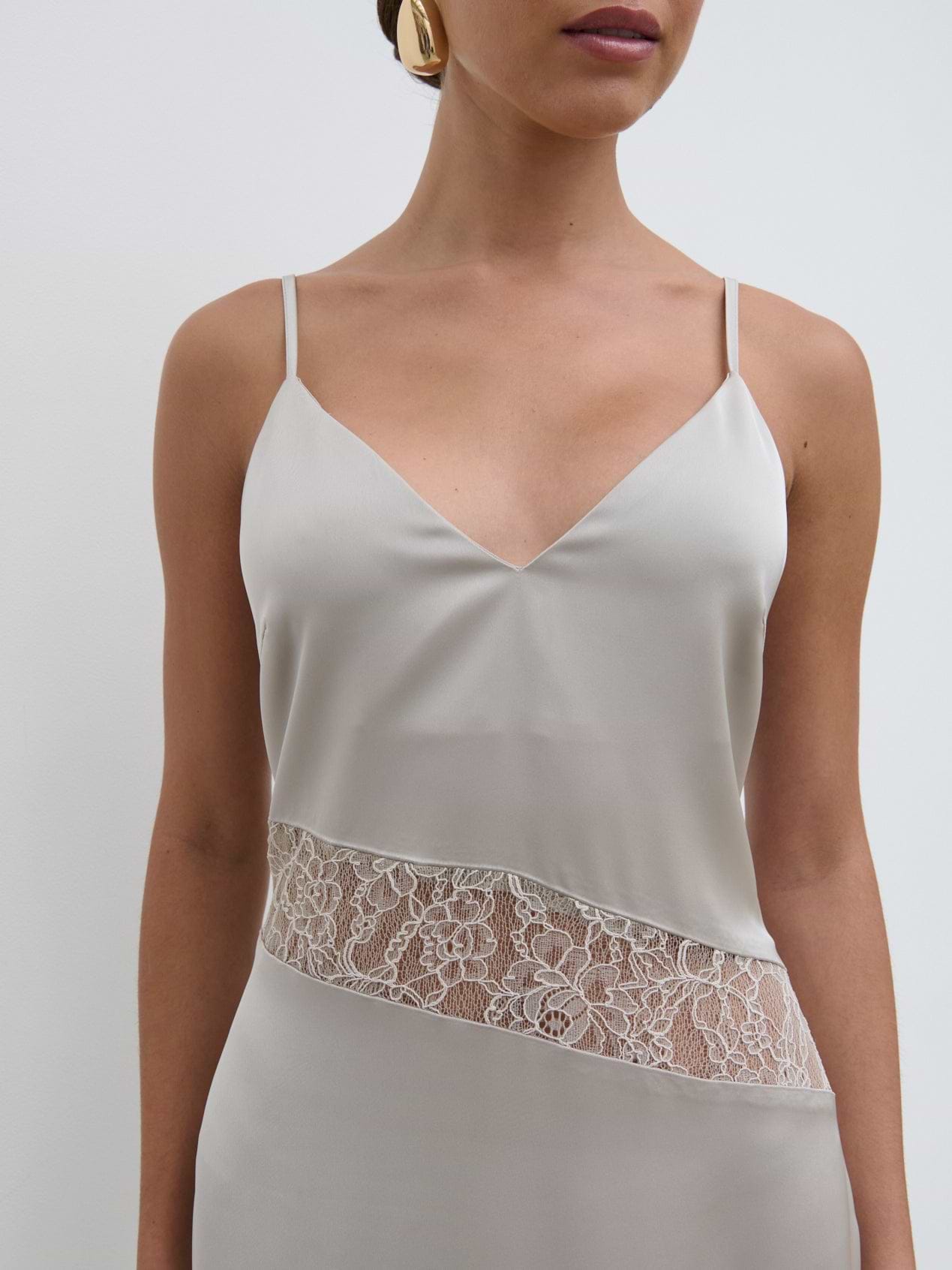 Monique Lace Inserted Slip Dress - Stone