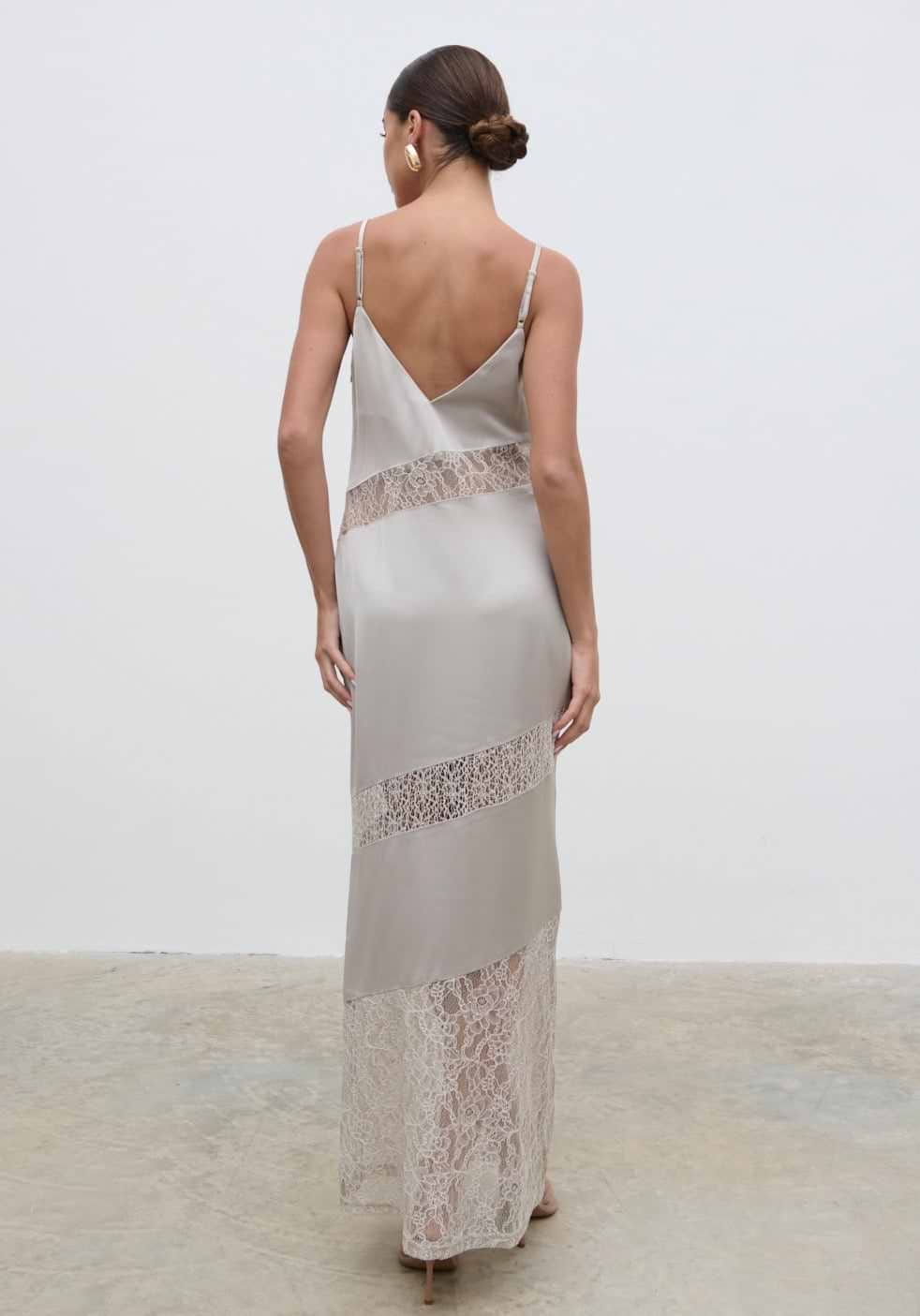 Monique Lace Inserted Slip Dress - Stone