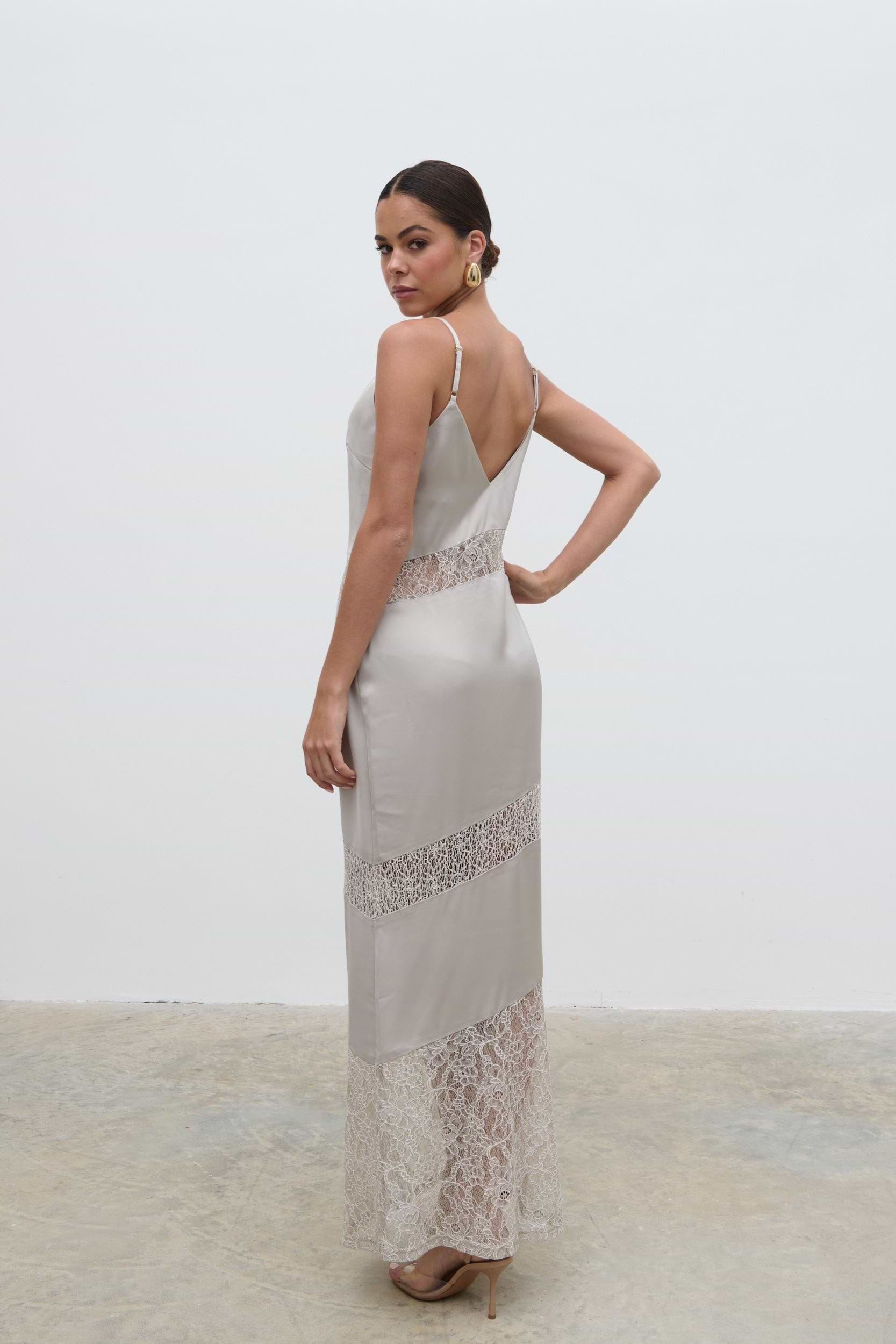 Monique Lace Inserted Slip Dress - Stone