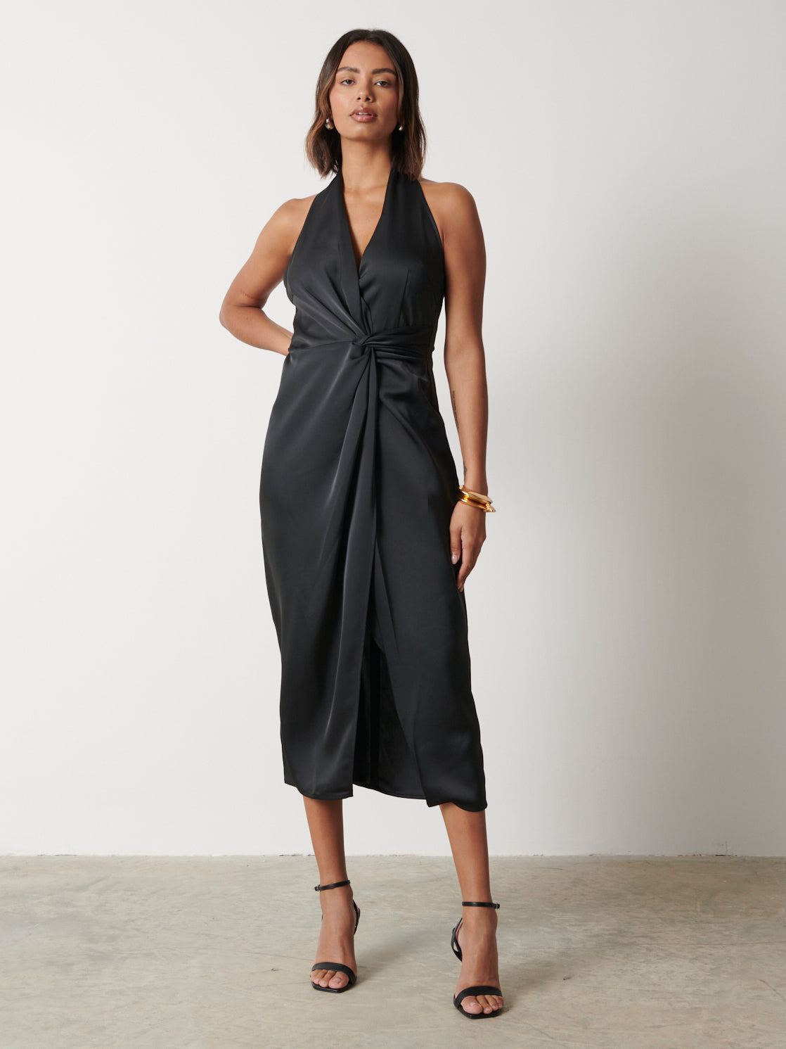 Montana Satin Knotted Midaxi Dress - Black