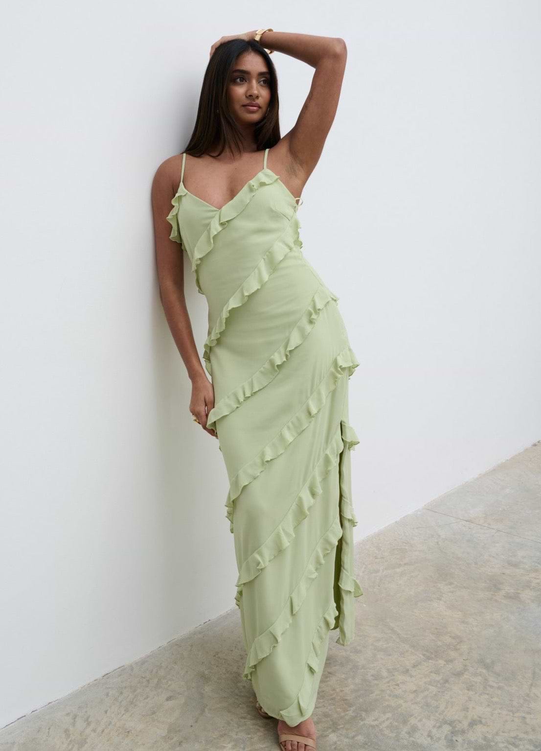 Nadine Ruffle Maxi Dress - Pistachio