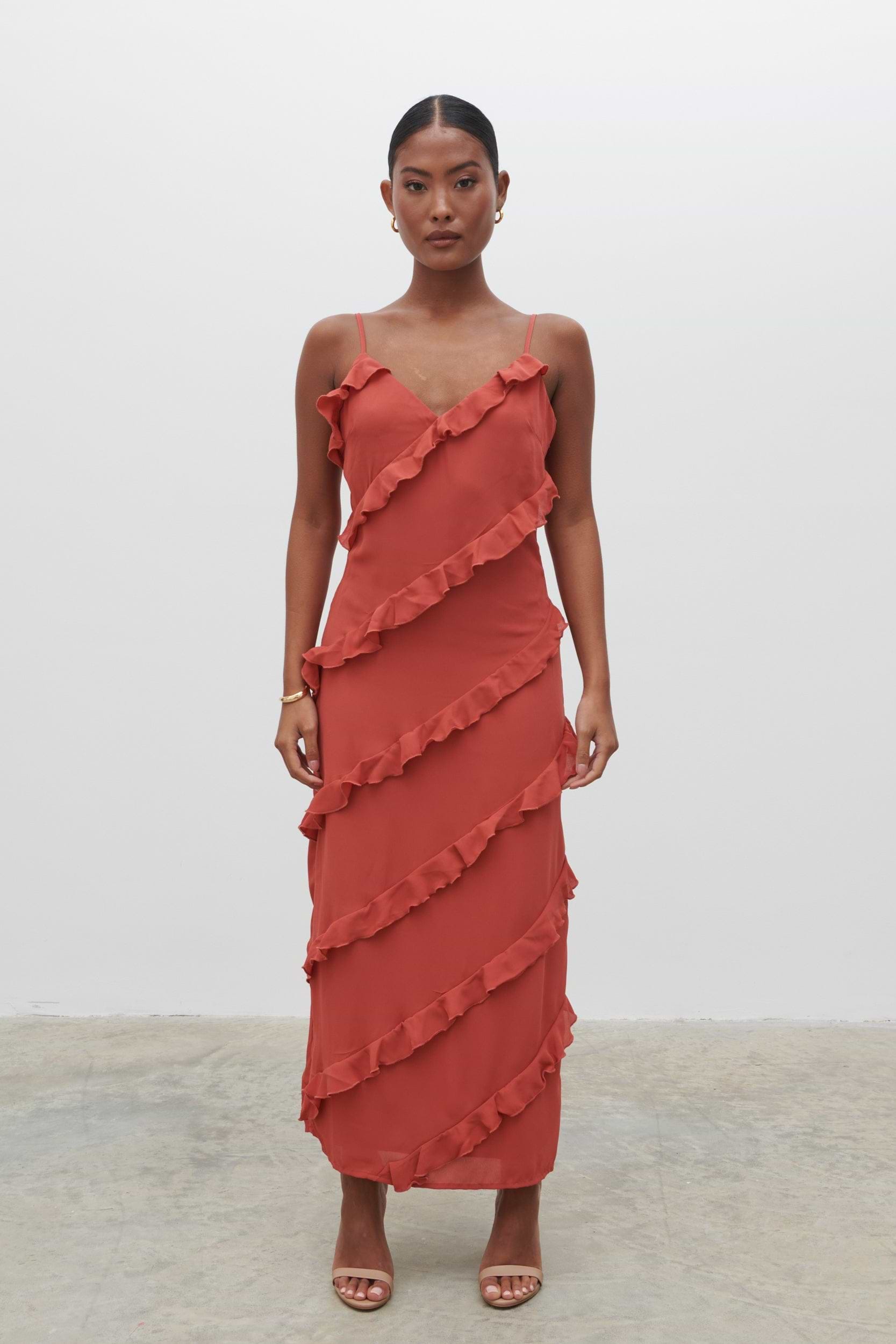 Nadine Ruffle Midaxi Dress - Dusky Rose