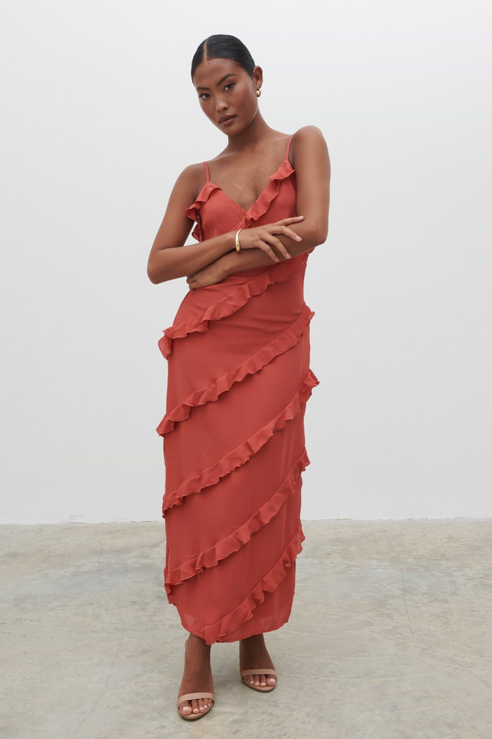 Nadine Ruffle Midaxi Dress - Dusky Rose
