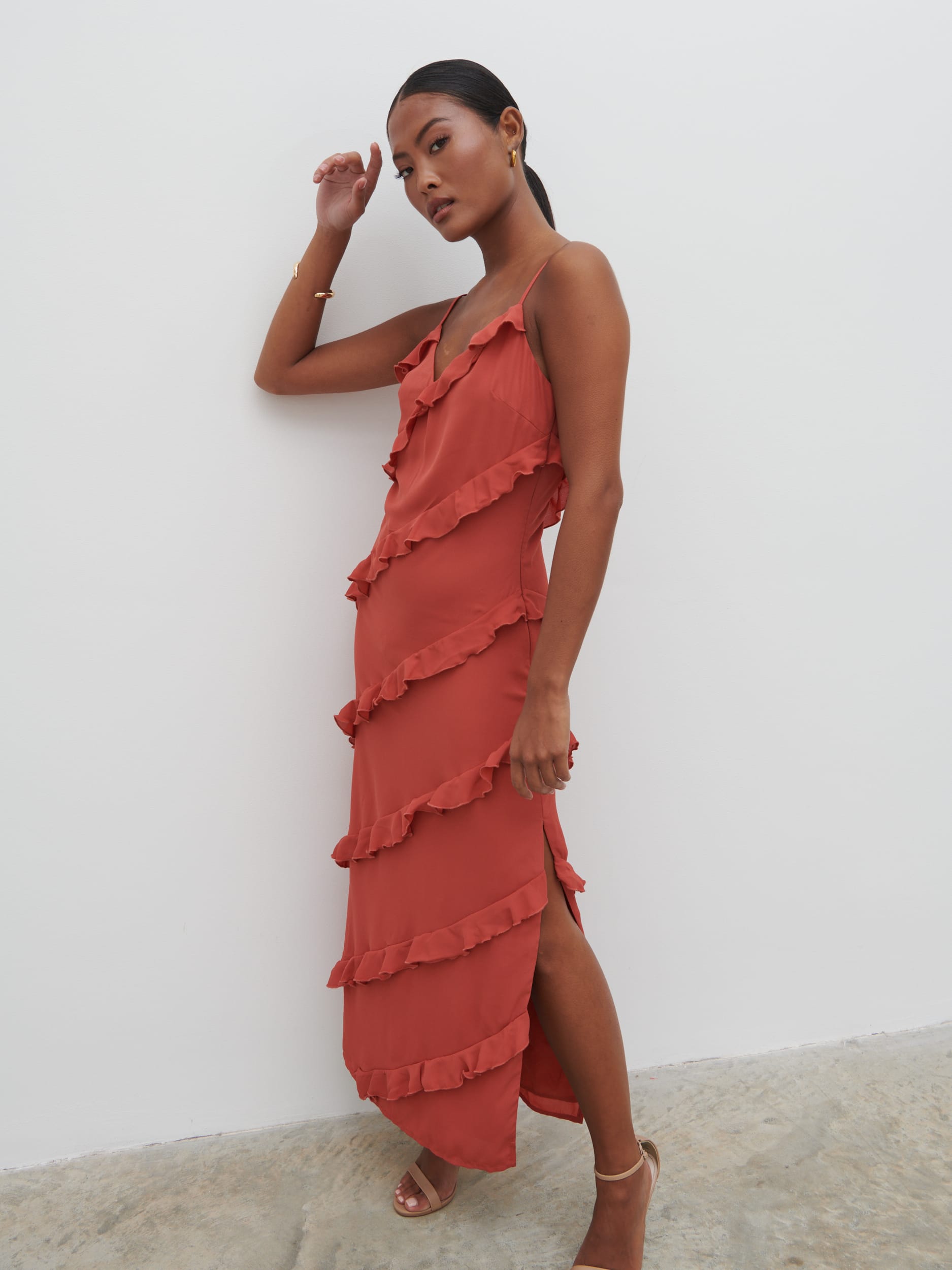 Nadine Ruffle Midaxi Dress - Dusky Rose