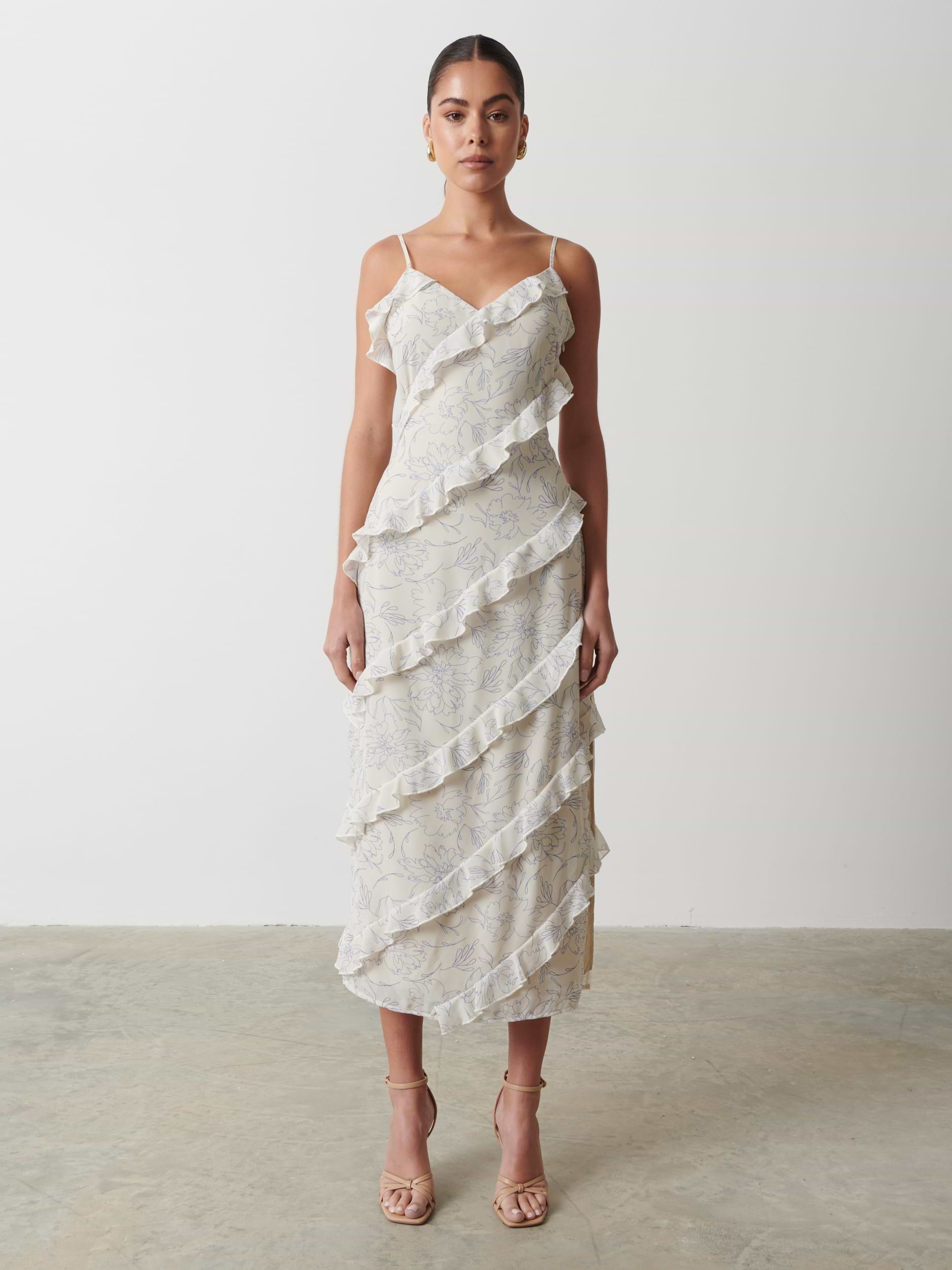 Nadine Ruffle Printed Midaxi Dress - Peony Abstract Floral Print