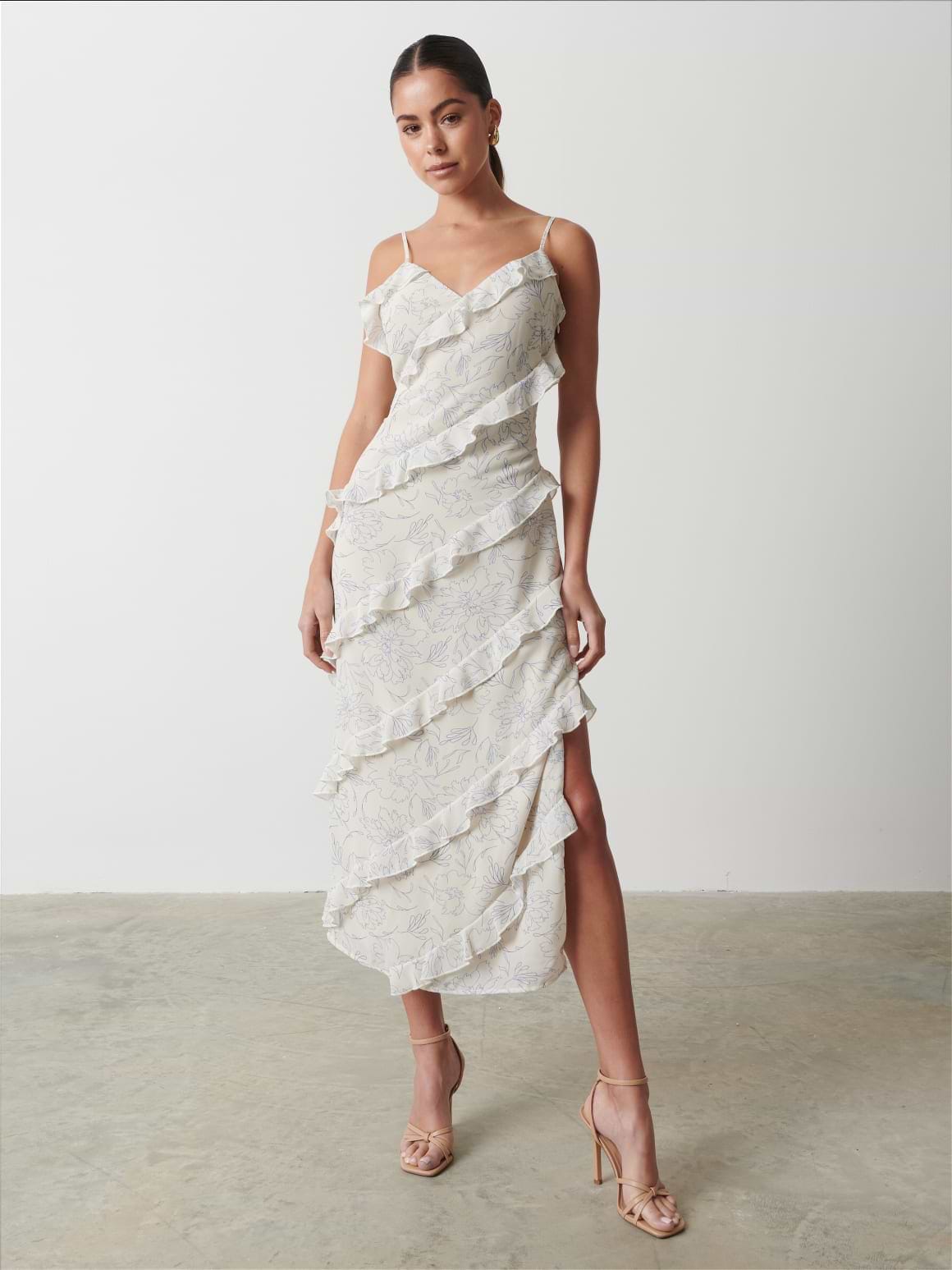 Nadine Ruffle Printed Midaxi Dress - Peony Abstract Floral Print