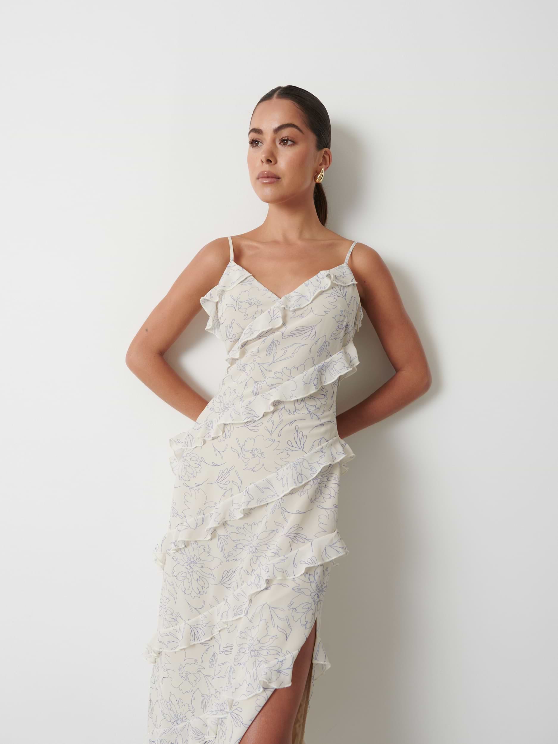 Nadine Ruffle Printed Midaxi Dress - Peony Abstract Floral Print