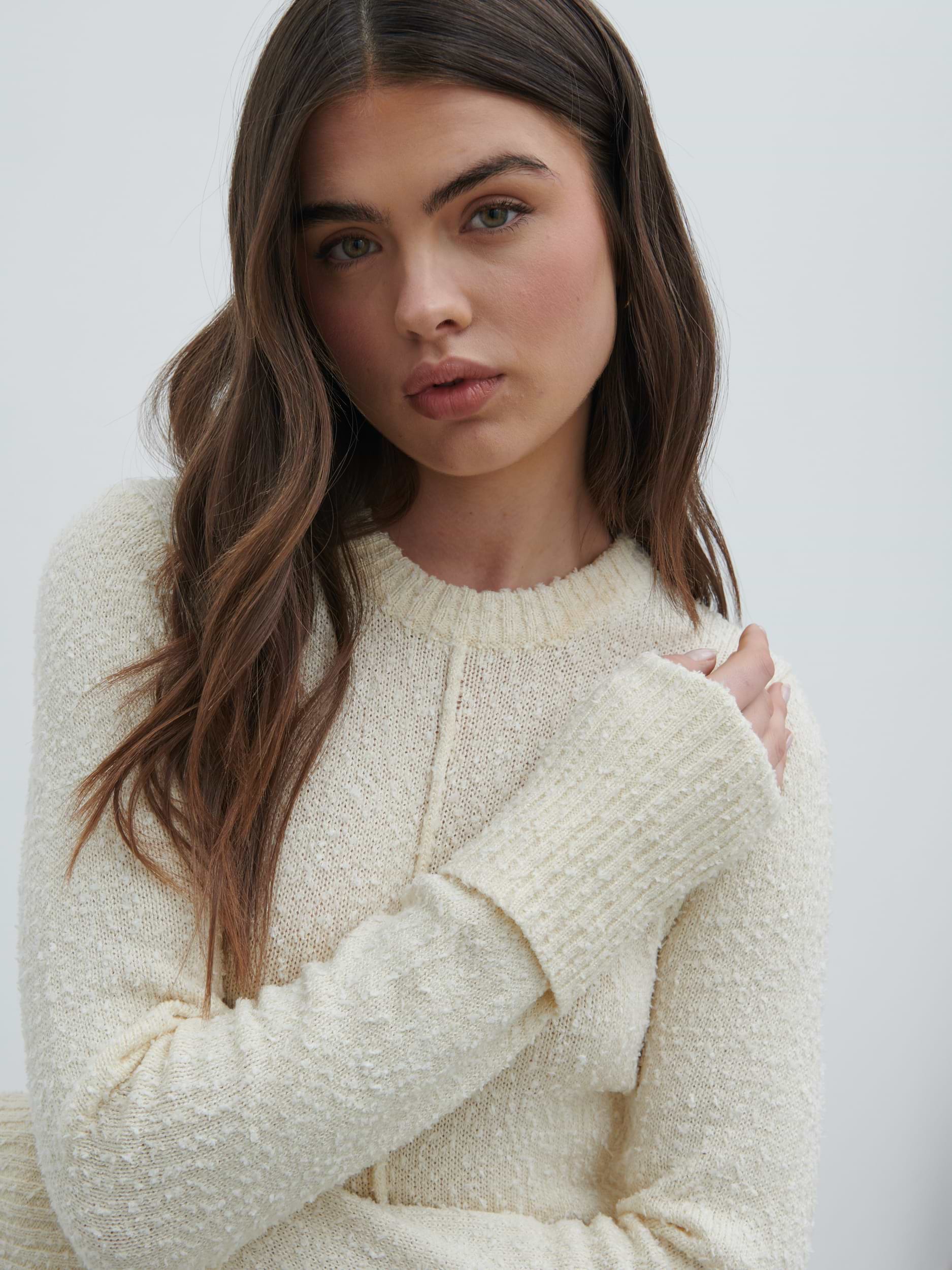Nala Boucle Exposed Seam Knit Midaxi Dress - Cream