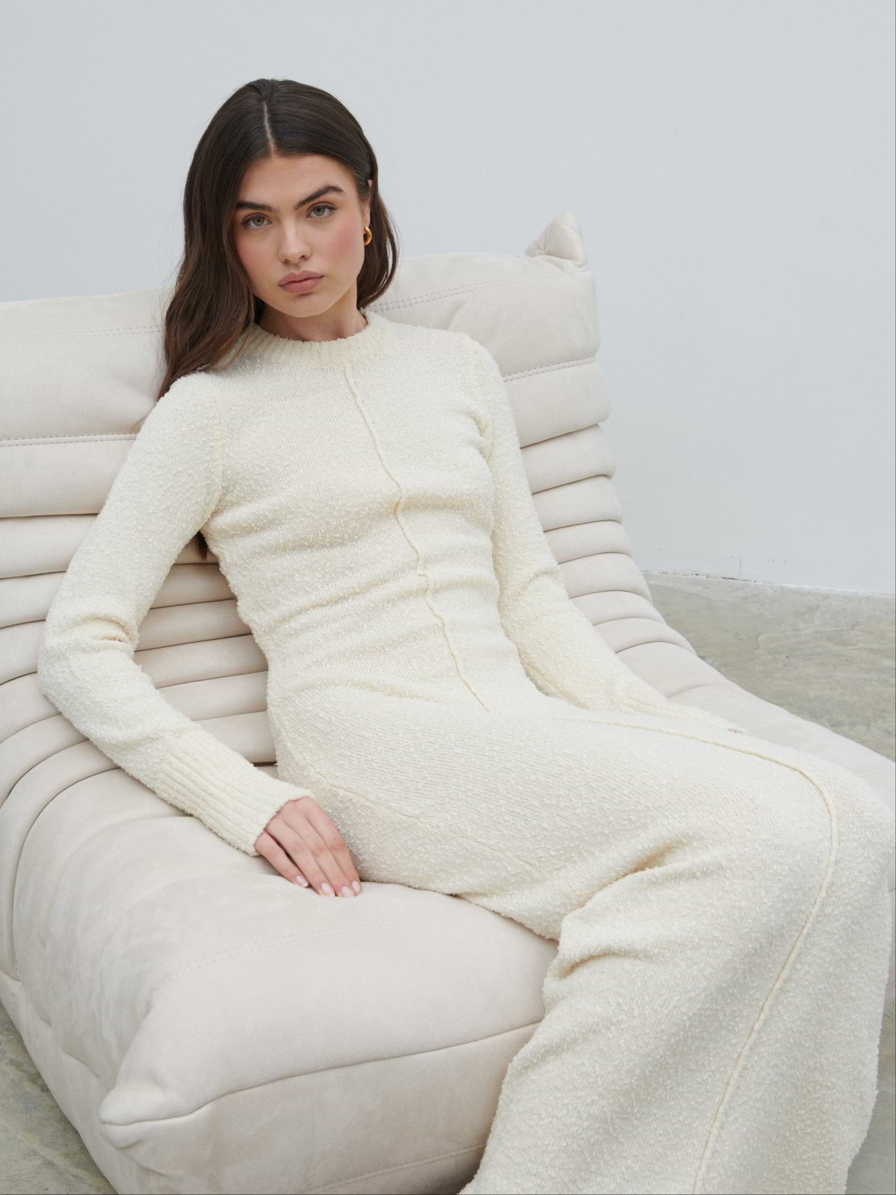Nala Boucle Exposed Seam Knit Midaxi Dress - Cream
