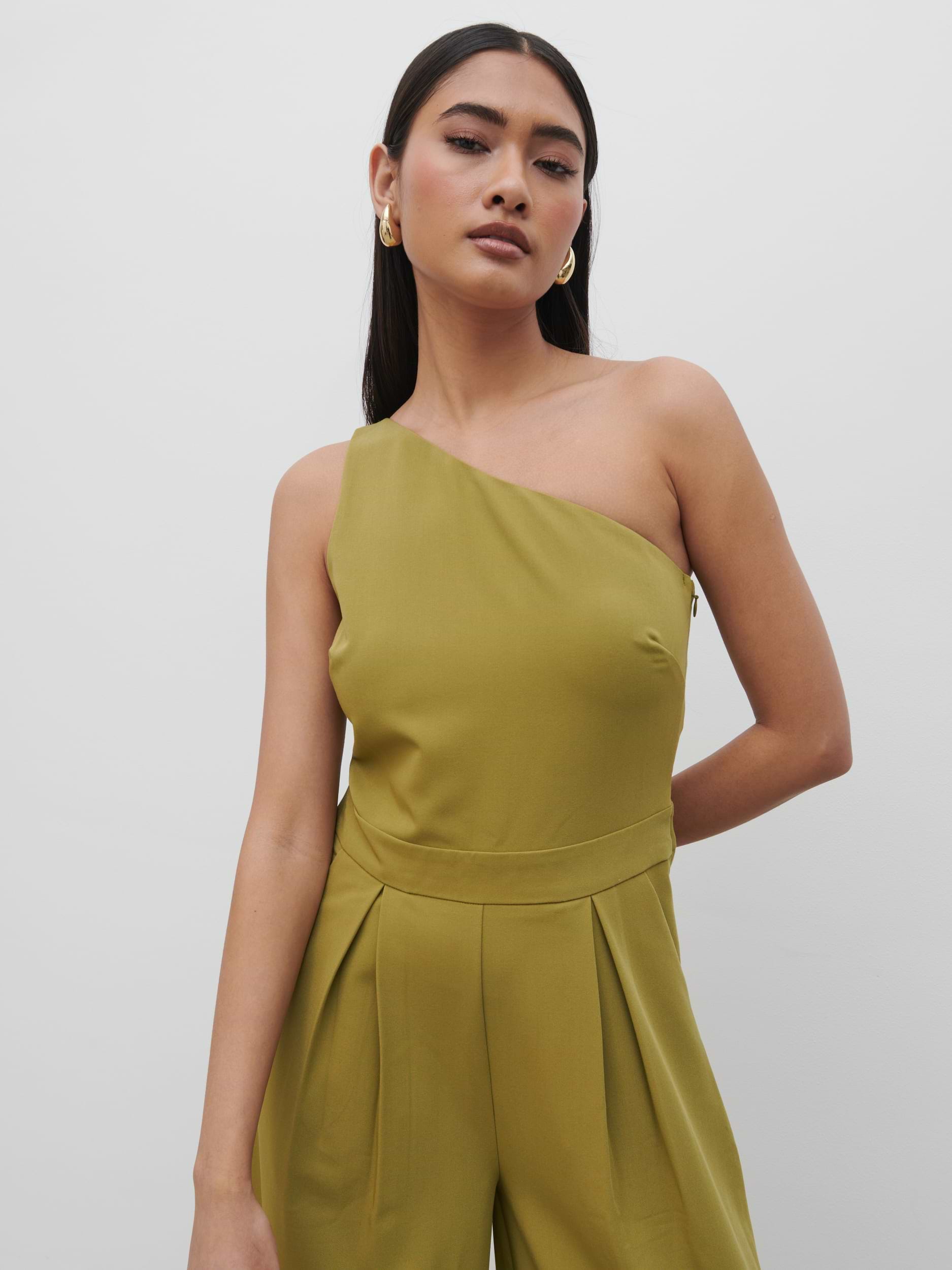 Natalie One Shoulder Jumpsuit - Tarragon Green
