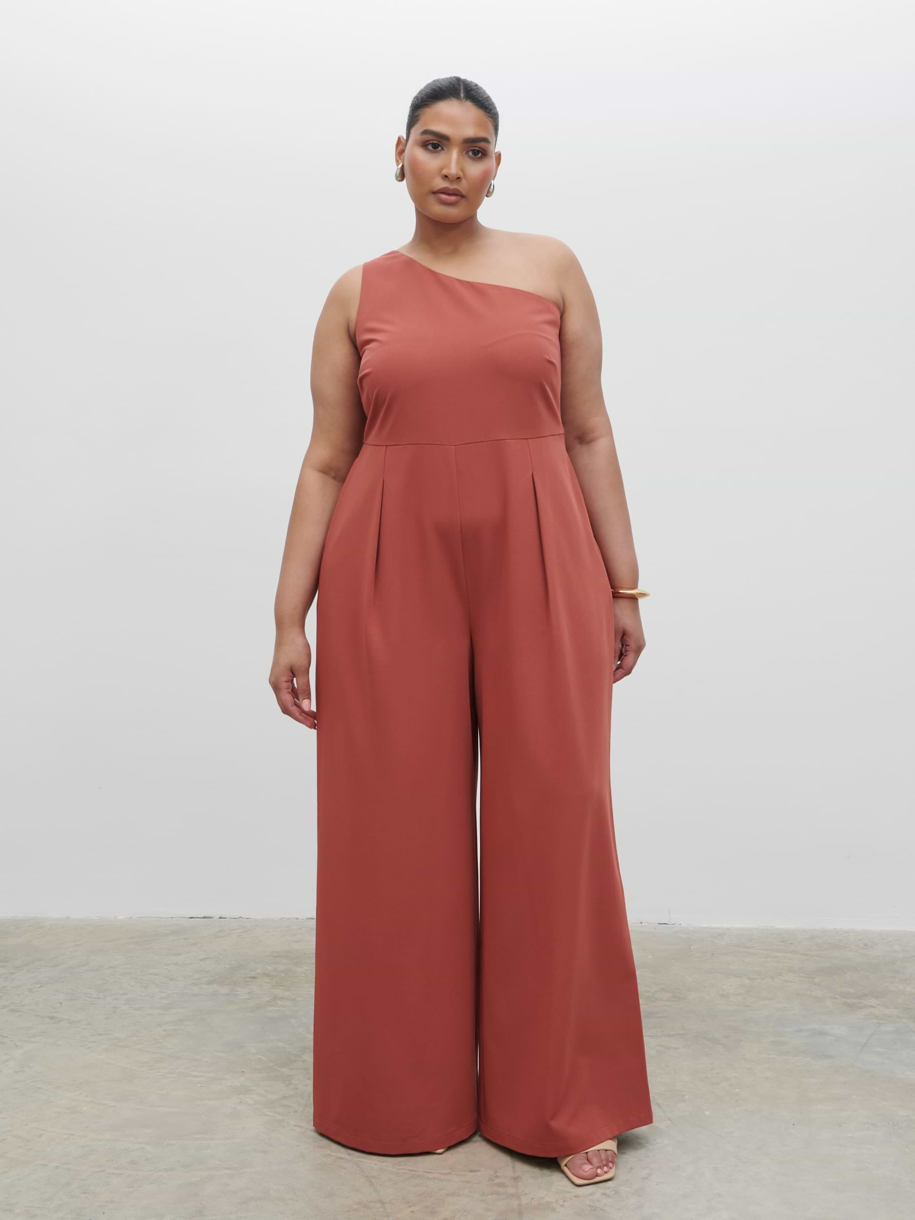 Natalie One Shoulder Jumpsuit Curve - Terracotta