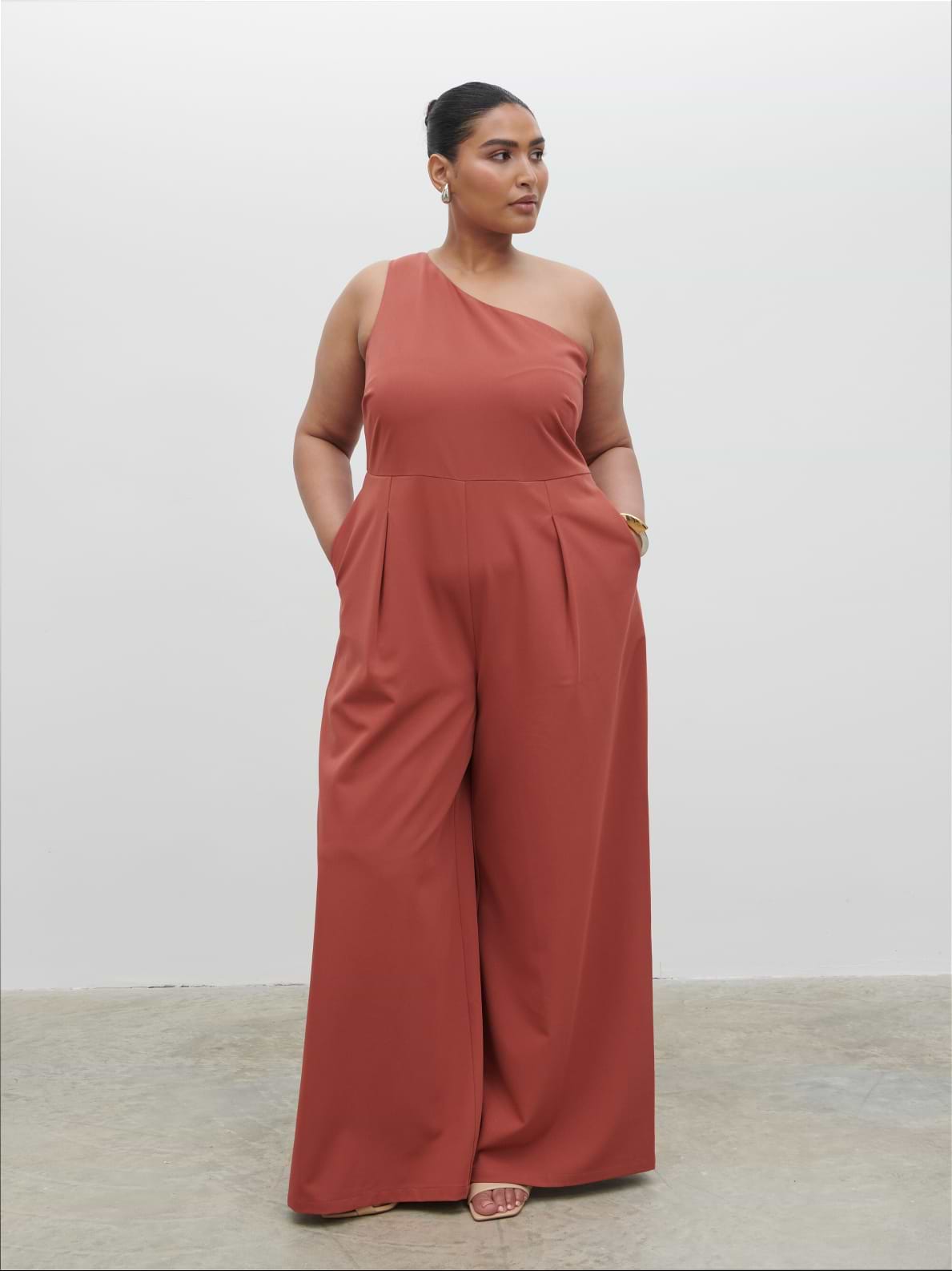 Natalie One Shoulder Jumpsuit Curve - Terracotta