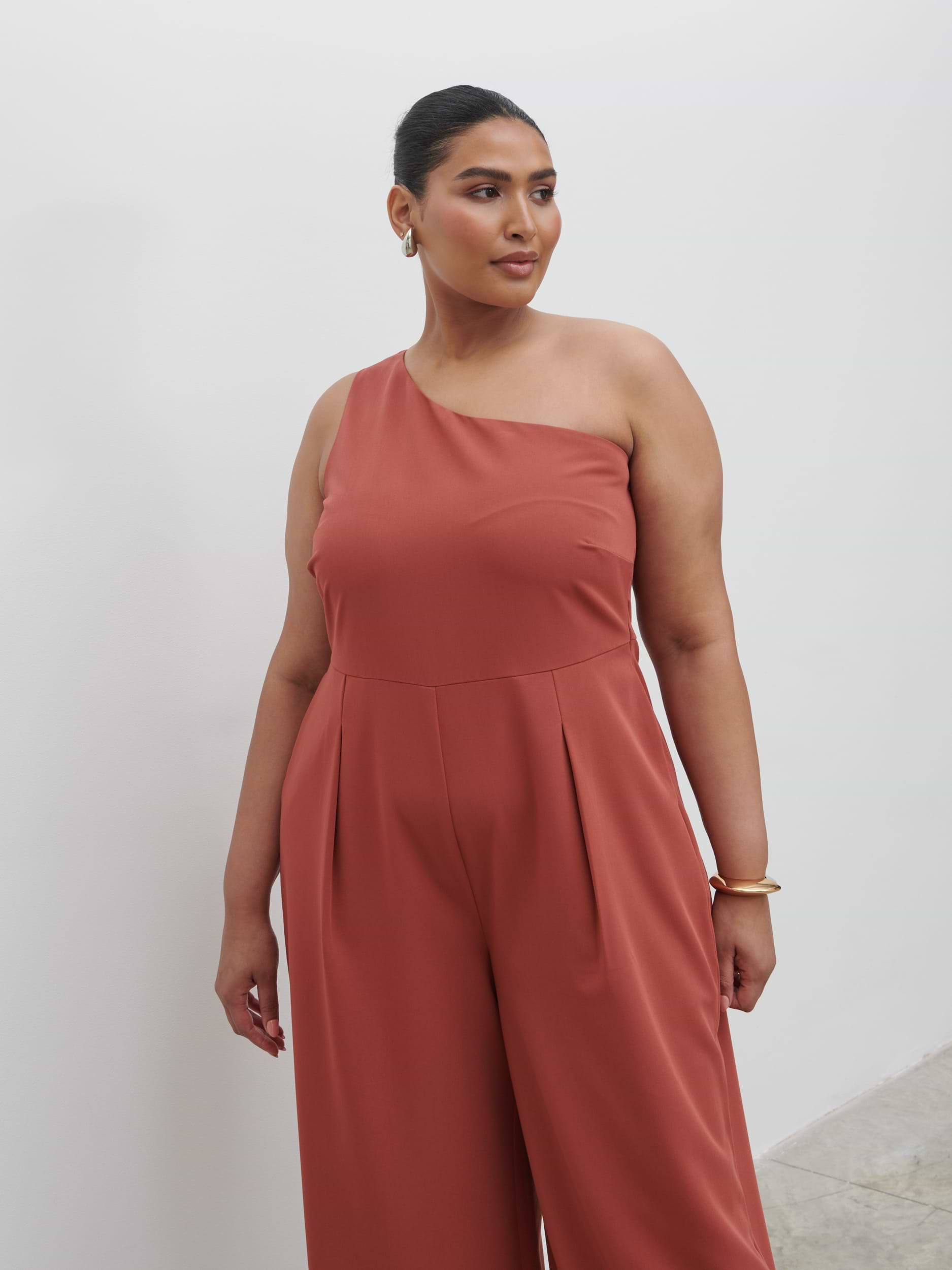 Natalie One Shoulder Jumpsuit Curve - Terracotta