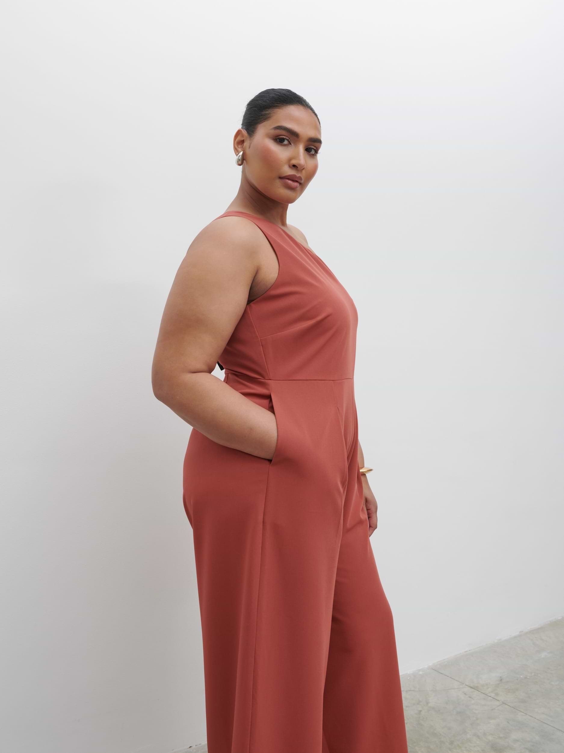 Natalie One Shoulder Jumpsuit Curve - Terracotta