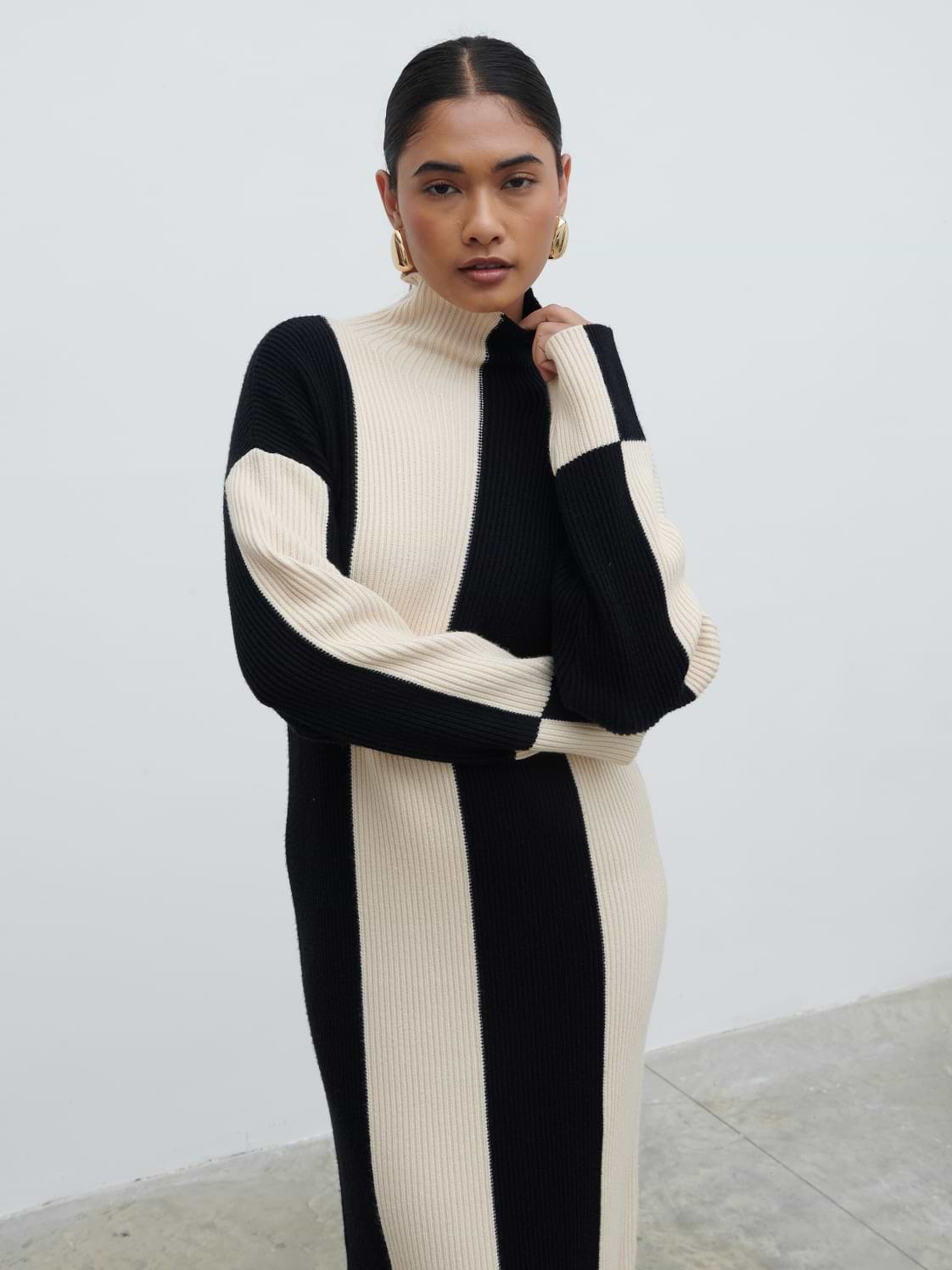 Nayah High Funnel Neck Knit Dress - Stripe