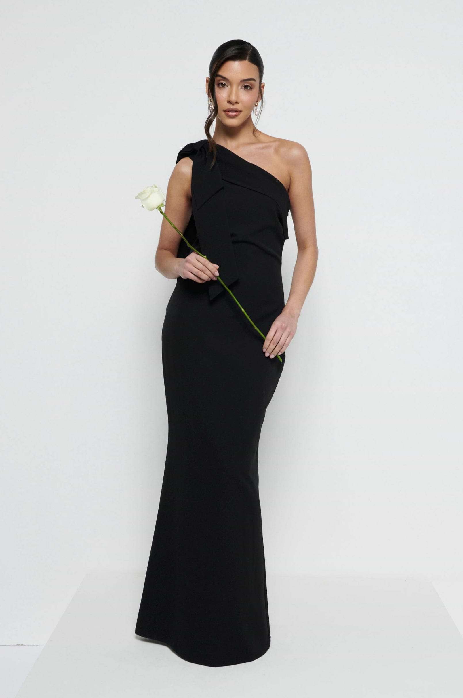 Nevaeh One Shoulder Crepe Maxi Bridesmaid Dress - Black