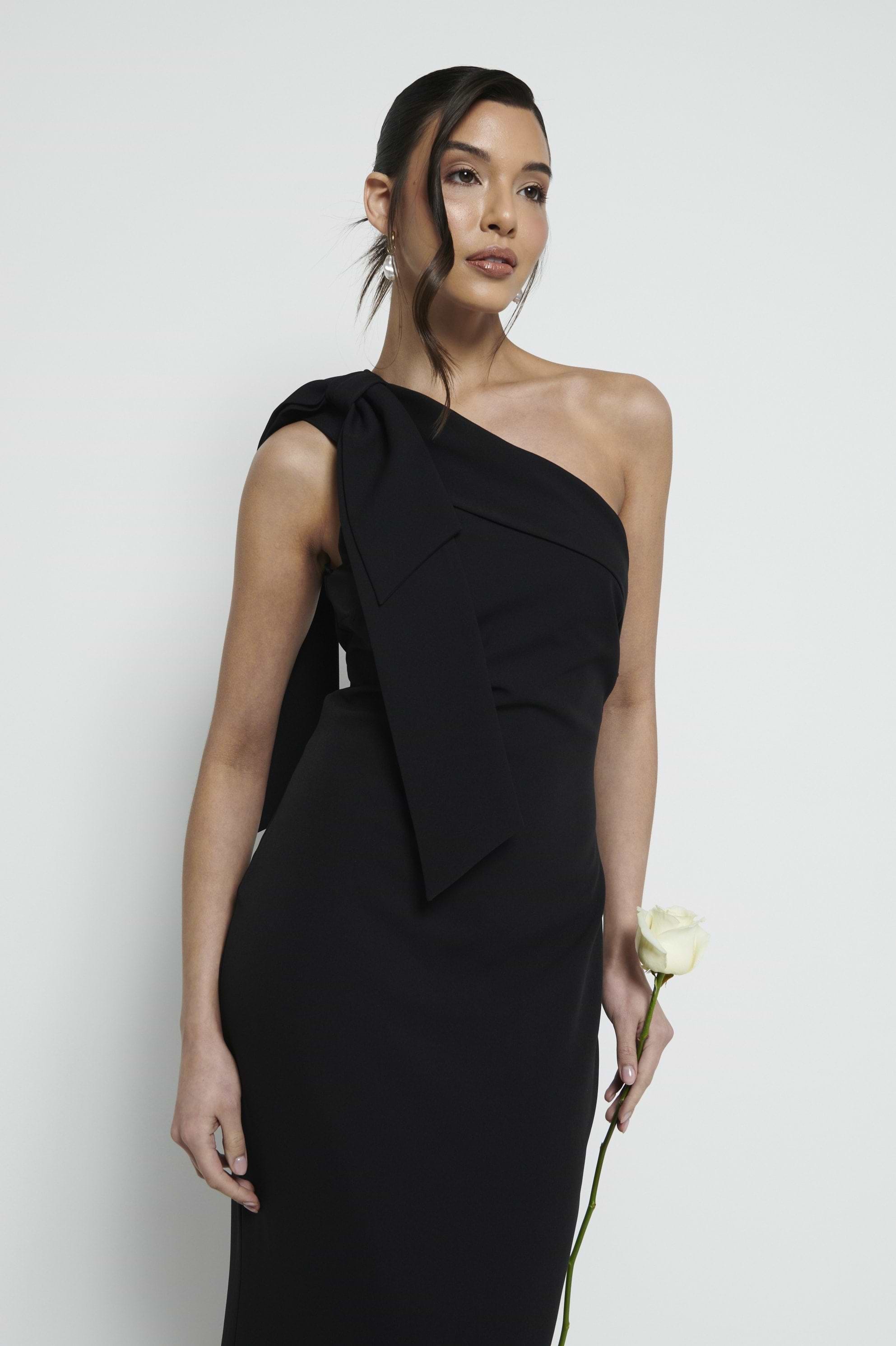 Nevaeh One Shoulder Crepe Maxi Bridesmaid Dress - Black