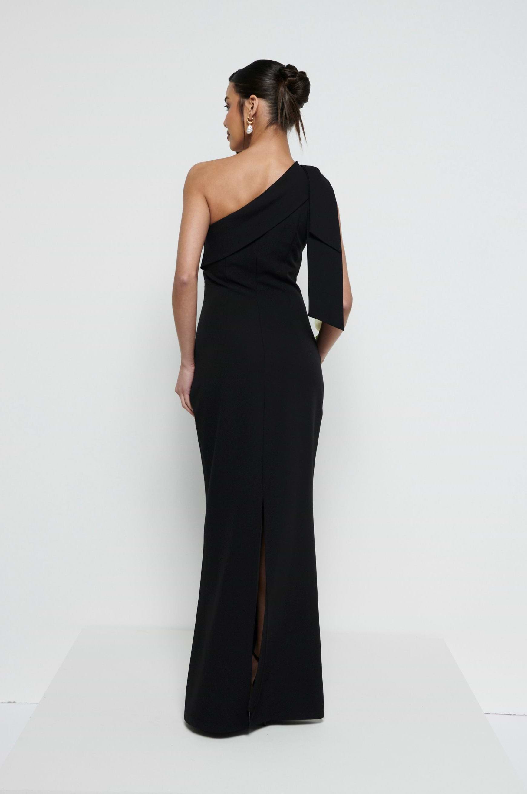 Nevaeh One Shoulder Crepe Maxi Bridesmaid Dress - Black