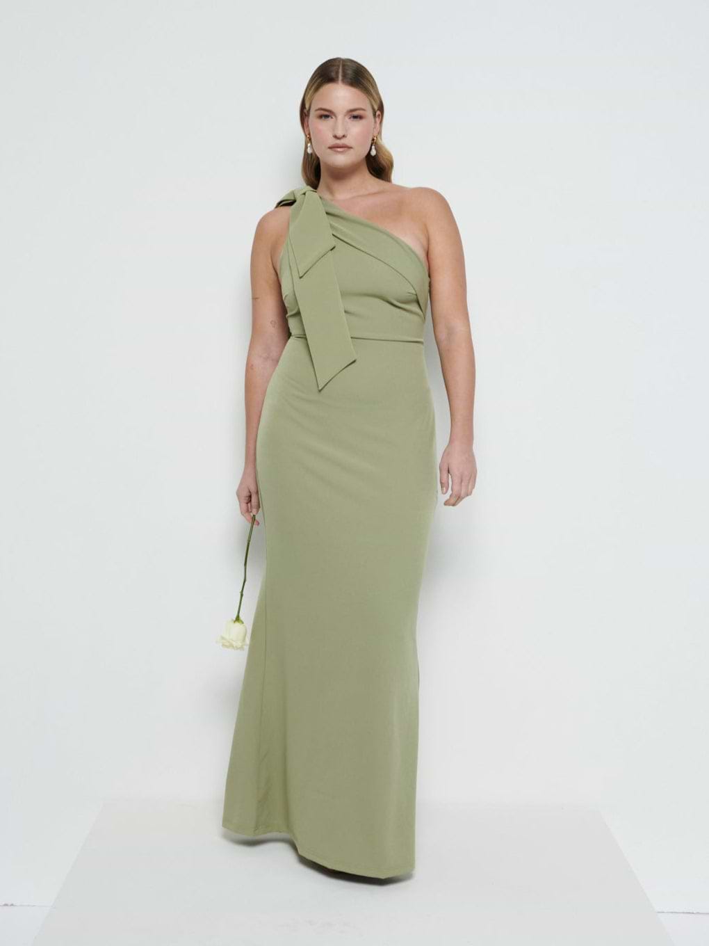 Nevaeh One Shoulder Crepe Maxi Bridesmaid Dress - Olive