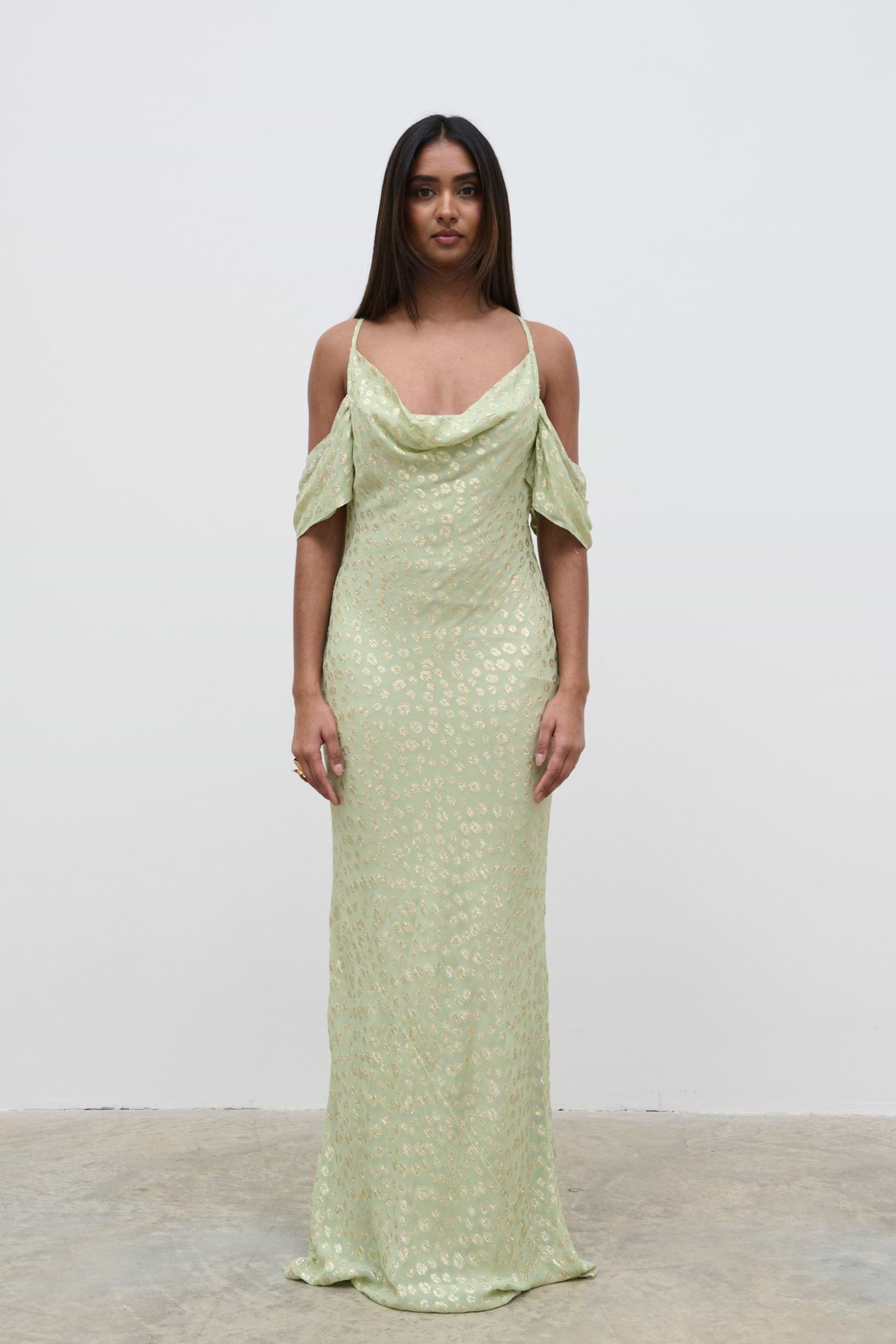Nia Cold Shoulder Maxi Dress - Pistachio Metallic