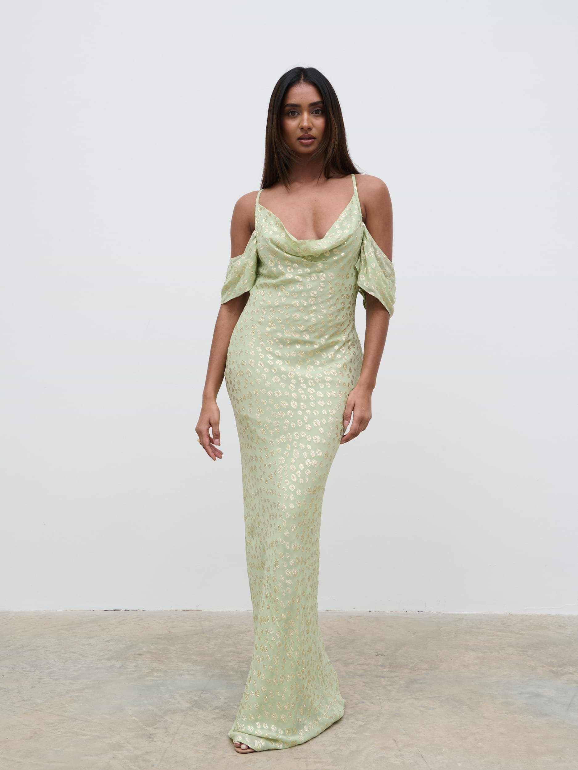 Nia Cold Shoulder Maxi Dress - Pistachio Metallic