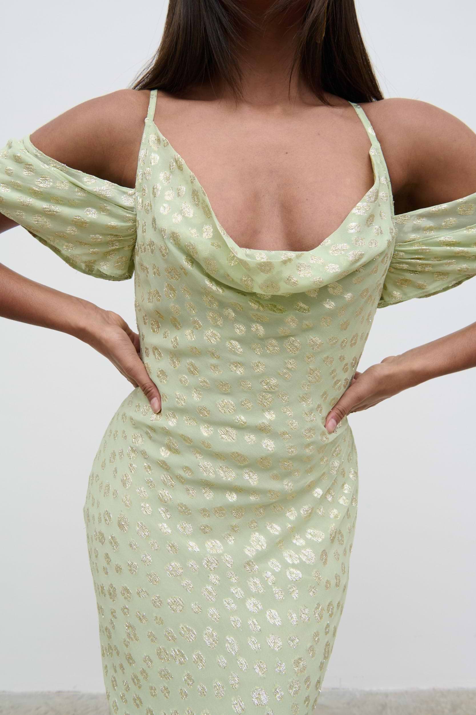 Nia Cold Shoulder Maxi Dress - Pistachio Metallic