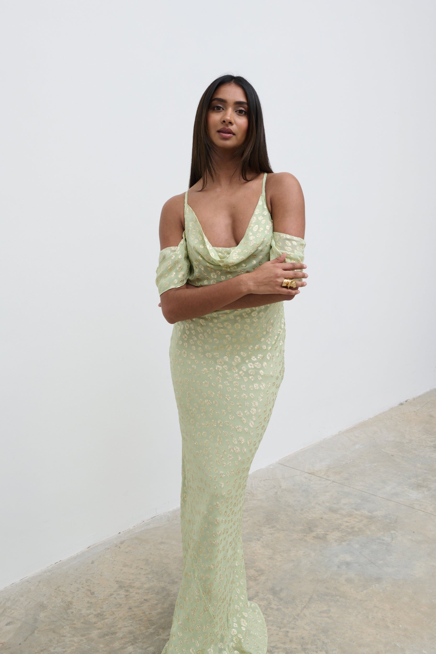 Nia Cold Shoulder Maxi Dress - Pistachio Metallic