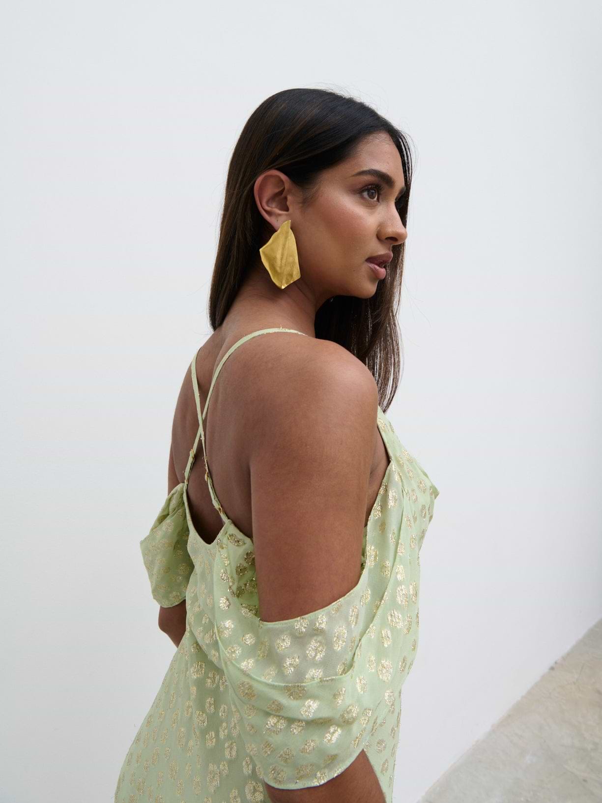 Nia Cold Shoulder Maxi Dress - Pistachio Metallic