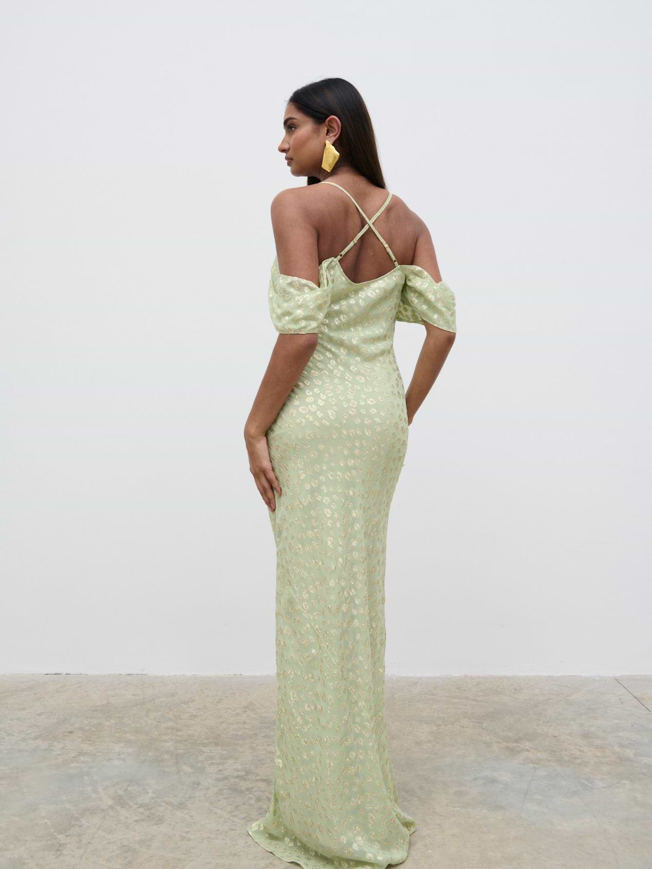 Nia Cold Shoulder Maxi Dress - Pistachio Metallic