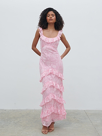 Novie Ruffle Jacquard Maxi Dress - Posie Pink