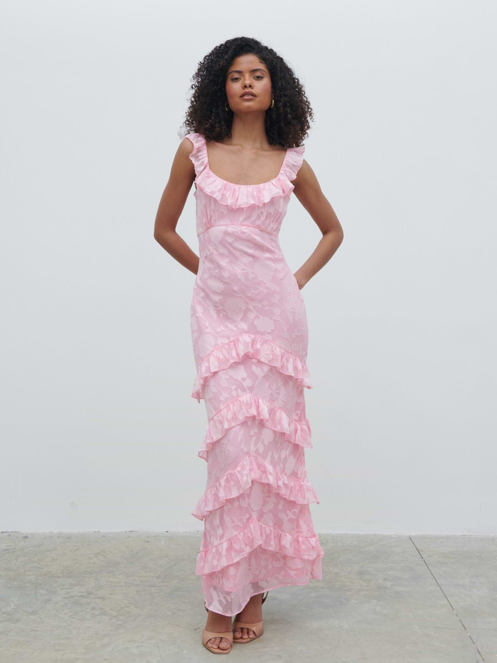 Novie Ruffle Jacquard Maxi Dress - Posie Pink