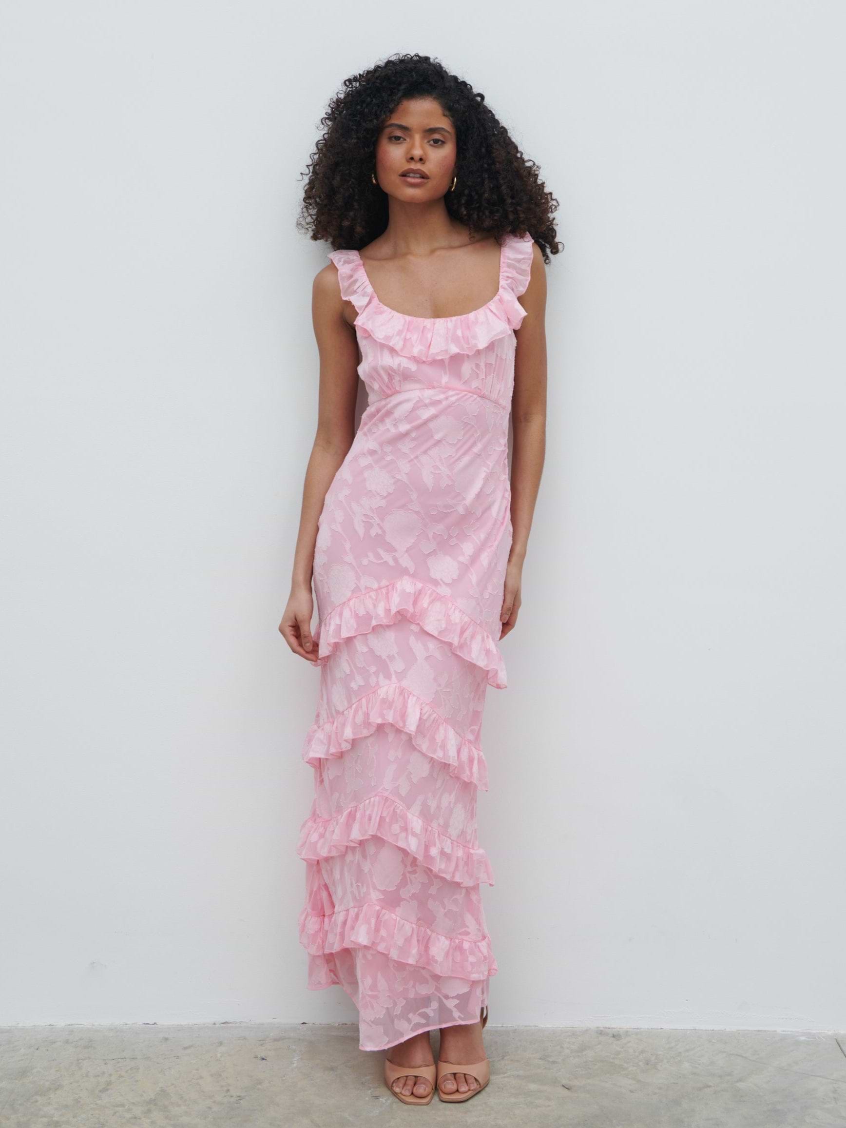 Novie Ruffle Jacquard Maxi Dress - Posie Pink