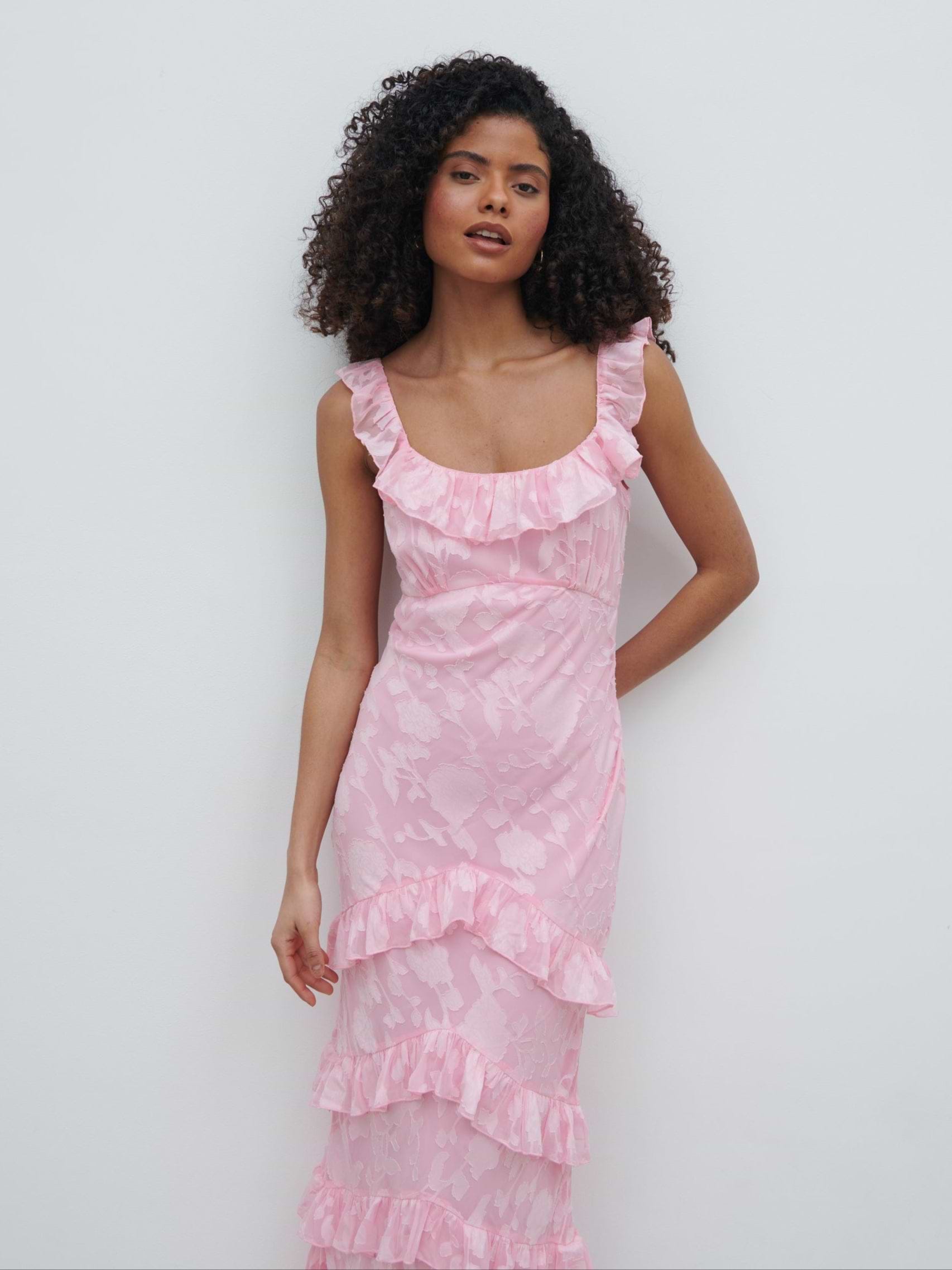 Novie Ruffle Jacquard Maxi Dress - Posie Pink