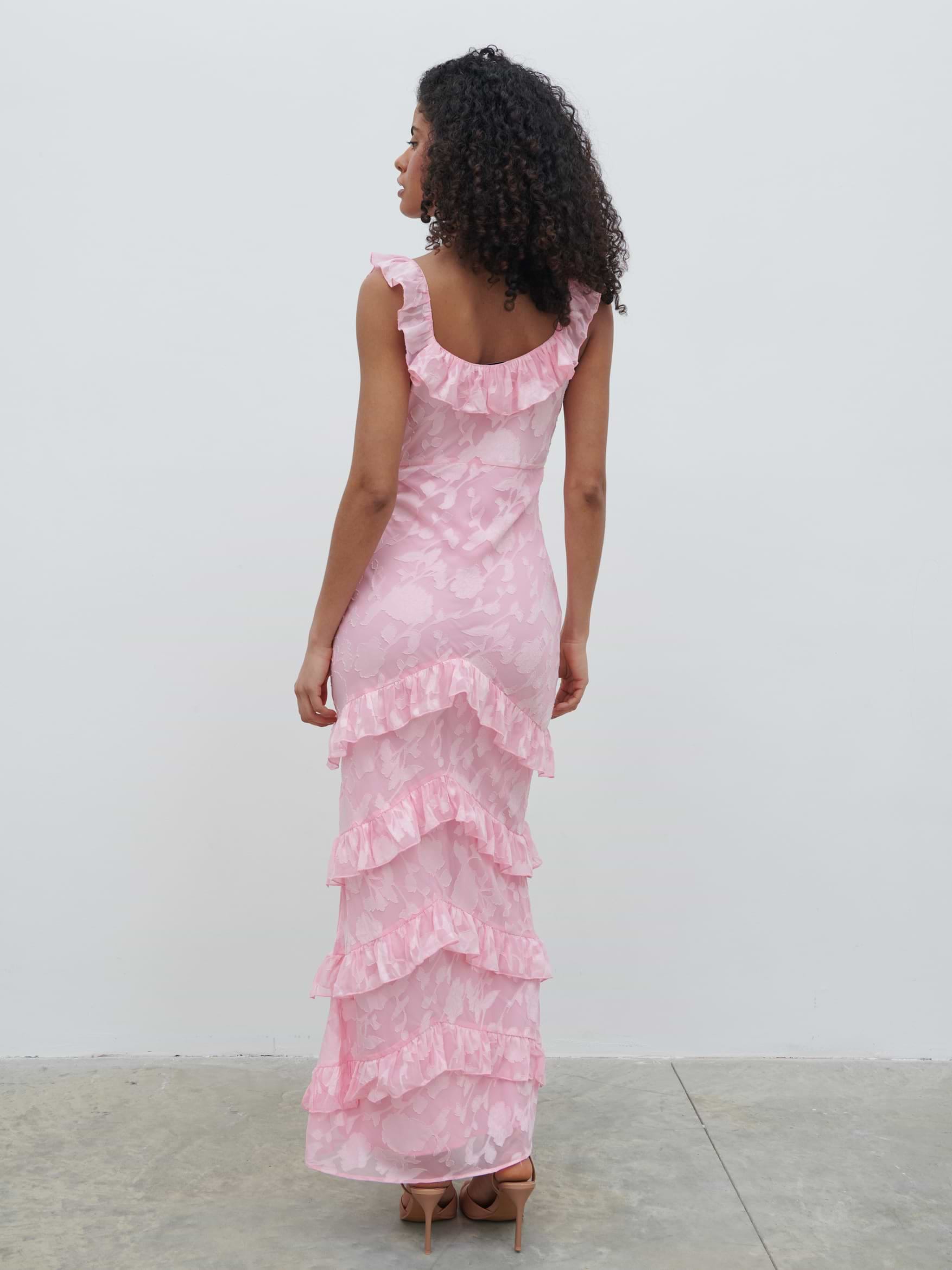 Novie Ruffle Jacquard Maxi Dress - Posie Pink