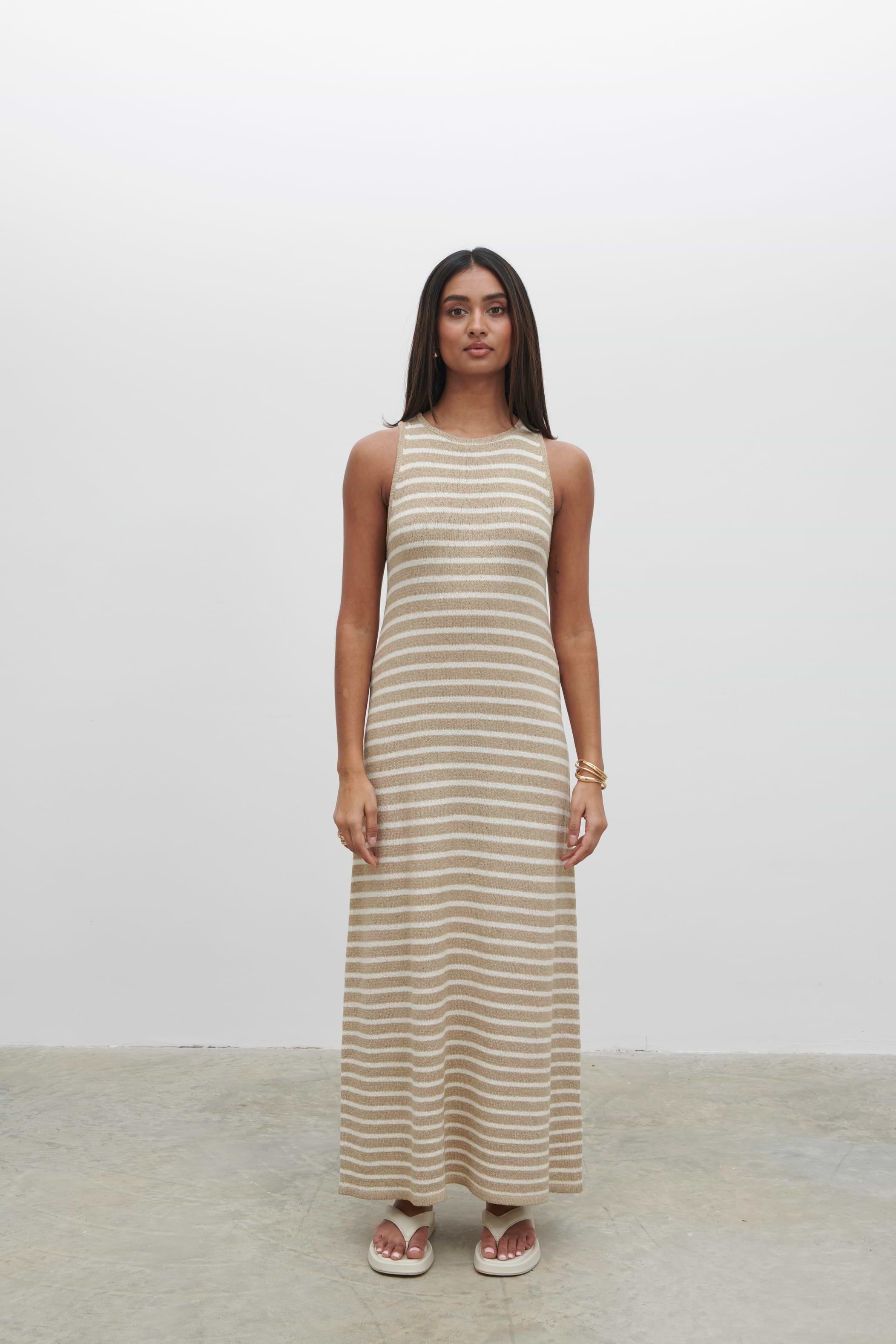 Ocean Stripe Knit Midaxi Dress - Beige and Cream