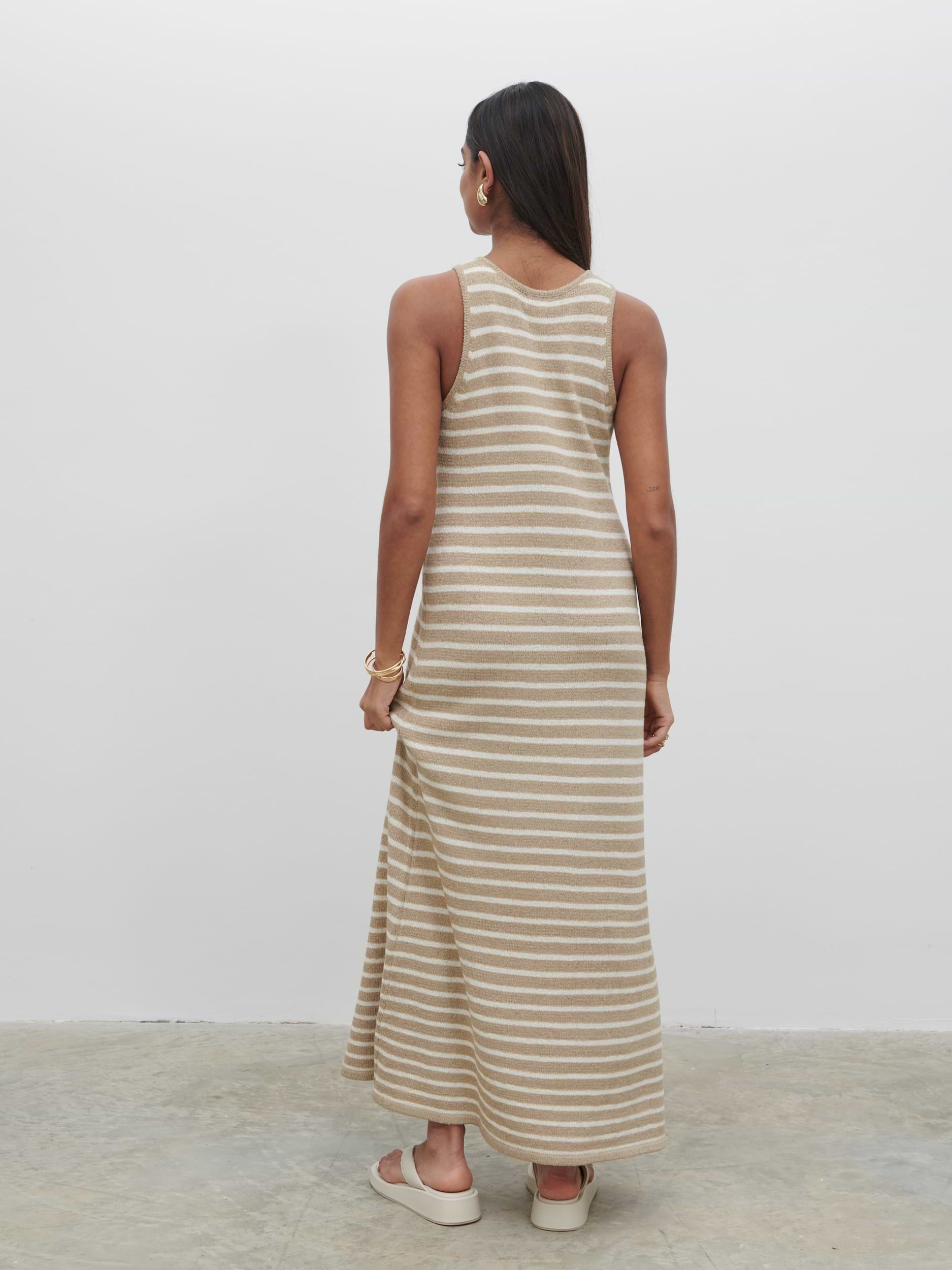 Ocean Stripe Knit Midaxi Dress - Beige and Cream