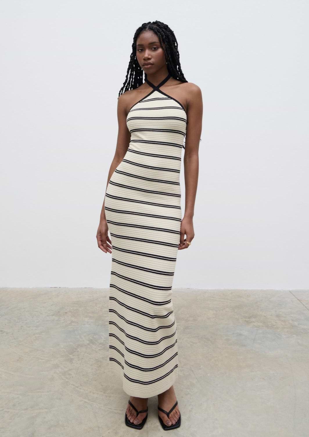 Octavia Contrast Stripe Knit Maxi Dress - Cream