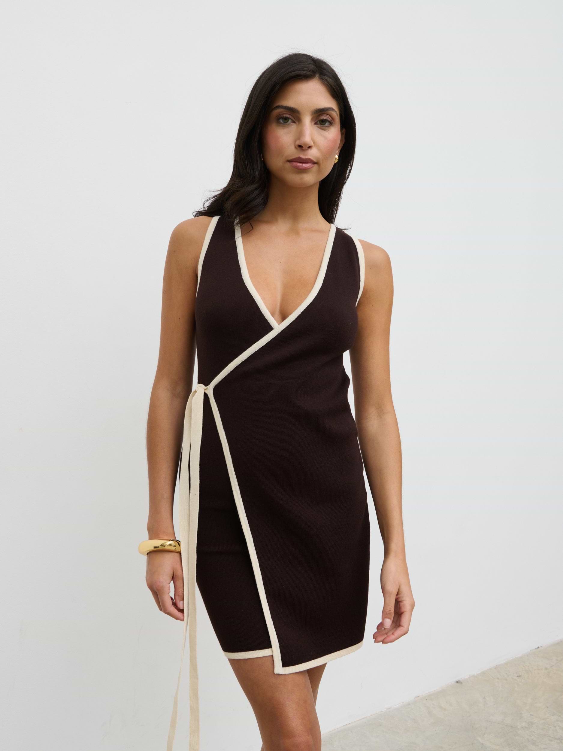 Olive Contrast Wrap Knit Mini Dress - Chocolate