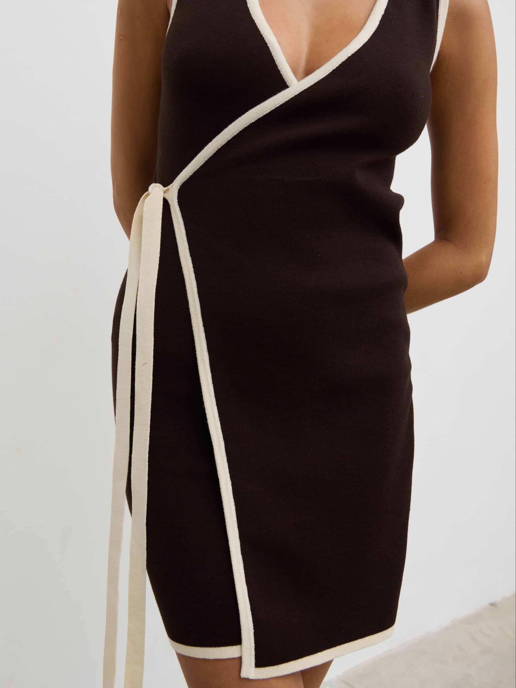 Olive Contrast Wrap Knit Mini Dress - Chocolate